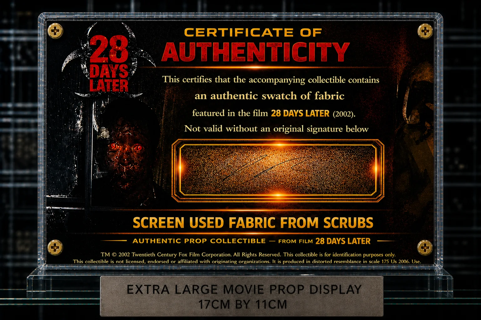XL Screen-Used 28 Days Later Scrubs Fabric Swatch – Horror Film Prop Display COA, image 2