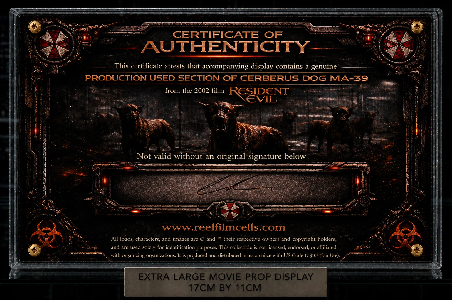 XL Production Used Cerberus Dog Swatch – Resident Evil Movie Prop + COA, изображение 2