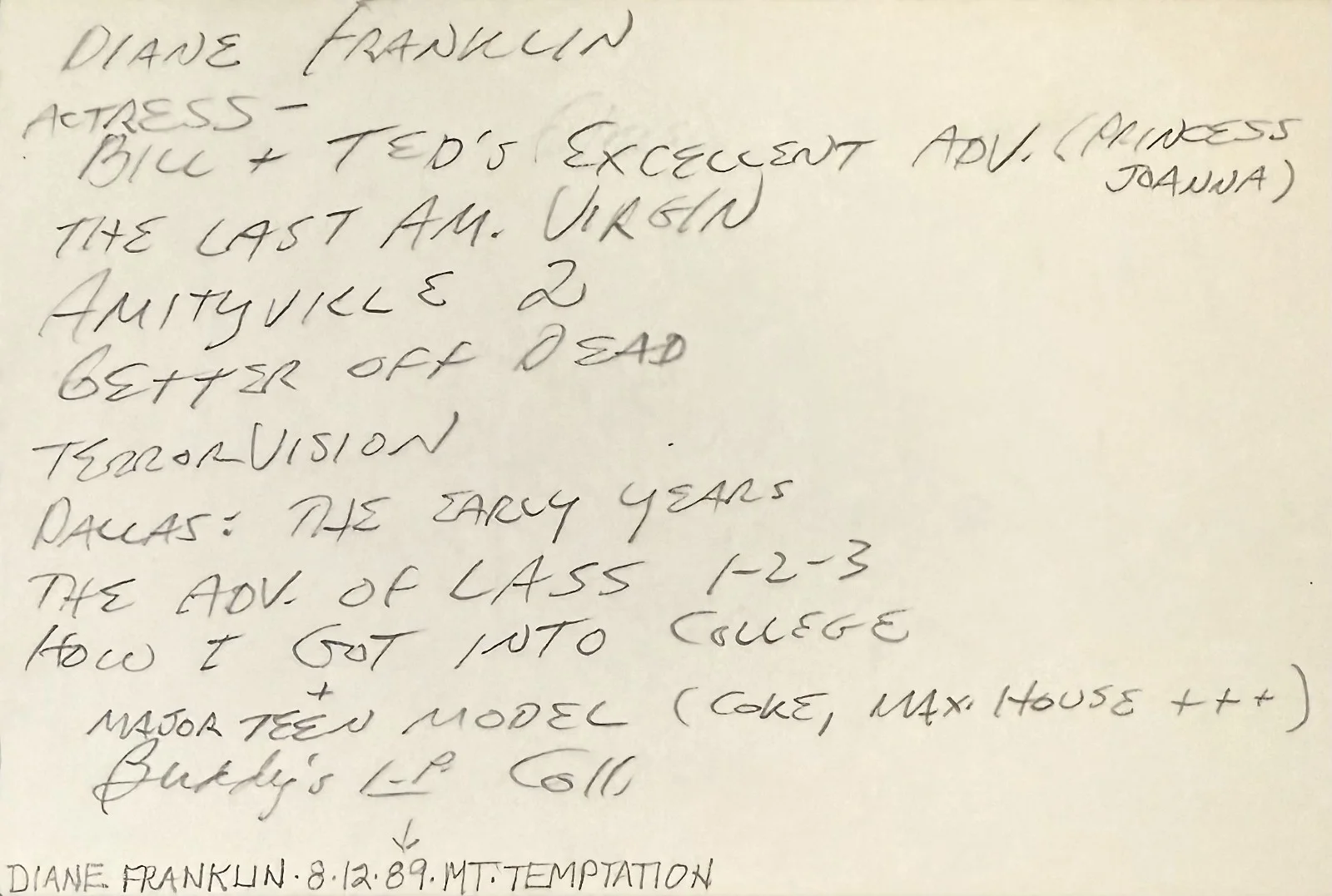 Diane Franklin — DIANE FRANKLIN Signed Autographed 4x6 INDEX CARD Amityville II: The Possession, image 2