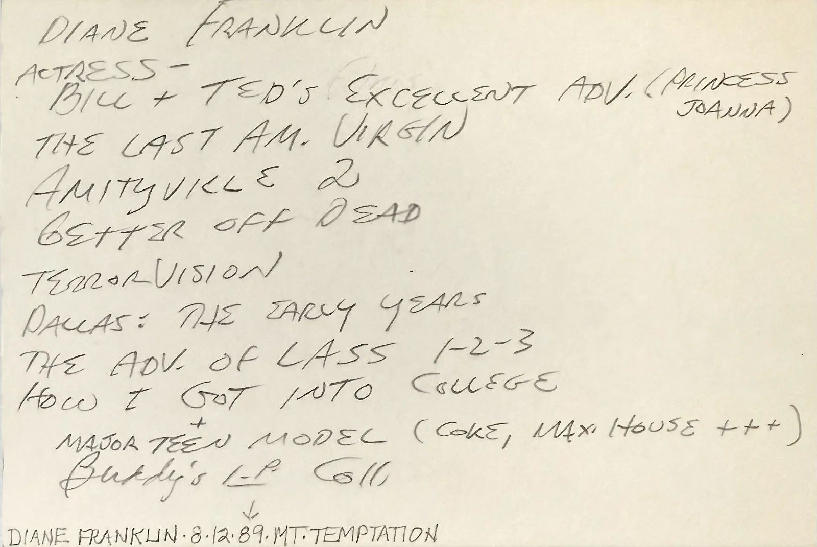 Diane Franklin — DIANE FRANKLIN Signed Autographed 4x6 INDEX CARD Amityville II: The Possession, image 4