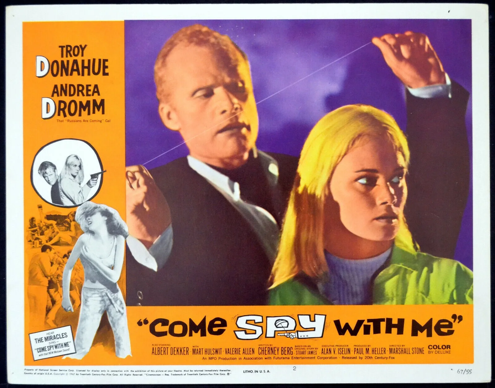 COME SPY WITH ME 1967 Troy Donahue, Albert Dekker Dunn 2 LOBBY CARDS, image 2