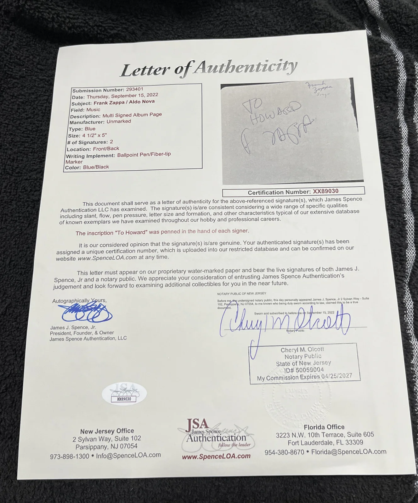 Frank Zappa SIGNED AUTOGRAPHED Album Page with Aldo Nova on reverse JSA LOA COA, image 3