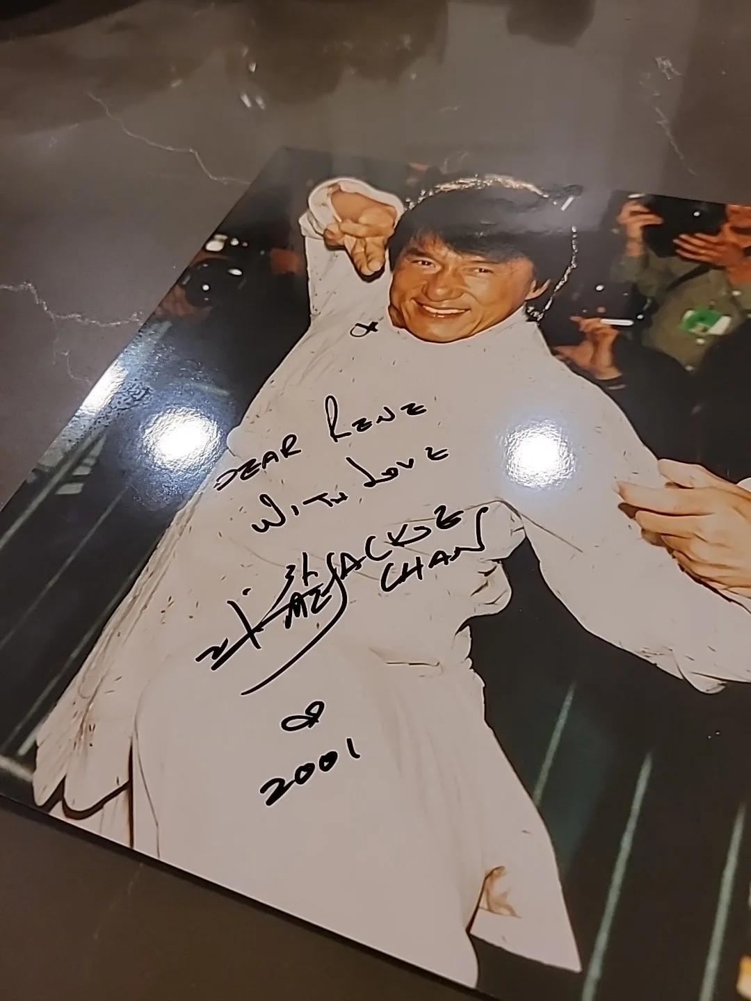 Jackie Chan — Extremely Rare Jackie Chan Hand Signed & Inscribed Full Color 8x10 To Rene 2001, image 3