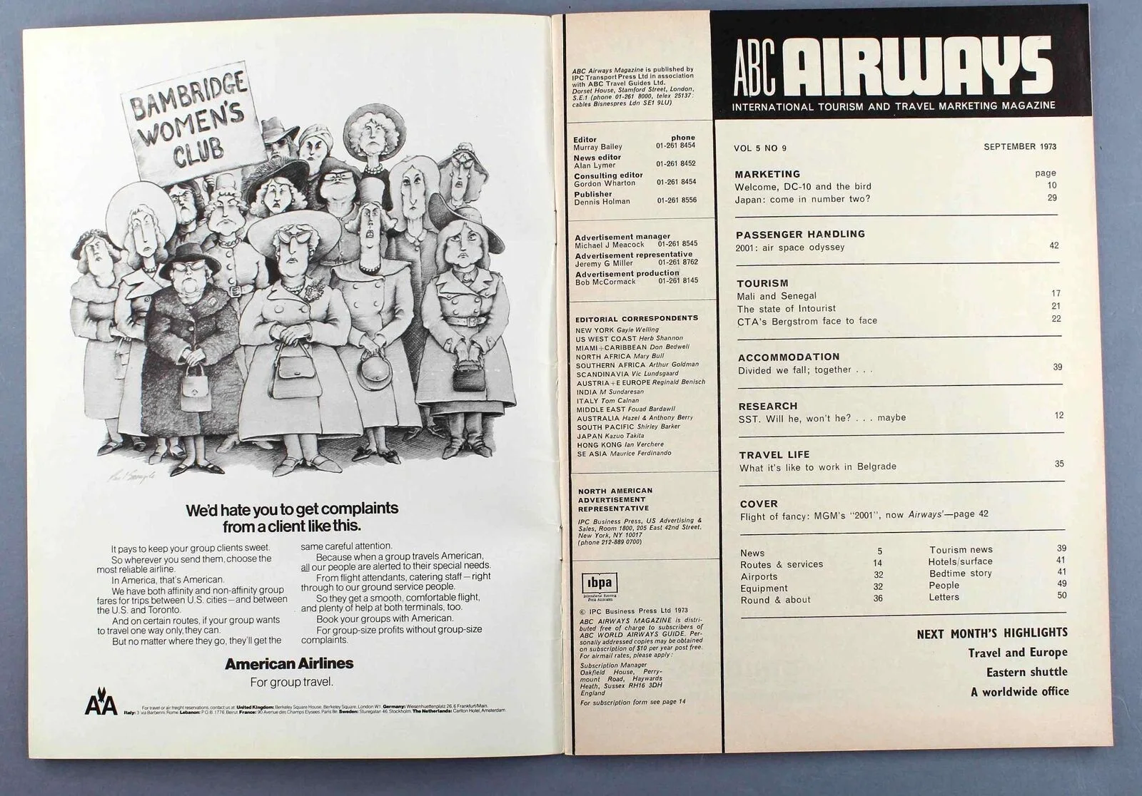 ABC AIRWAYS MAGAZINE SEPTEMBER 1973 PAN AM 2001 SPACE ODYSSEY STEWARDESS ANA, image 2