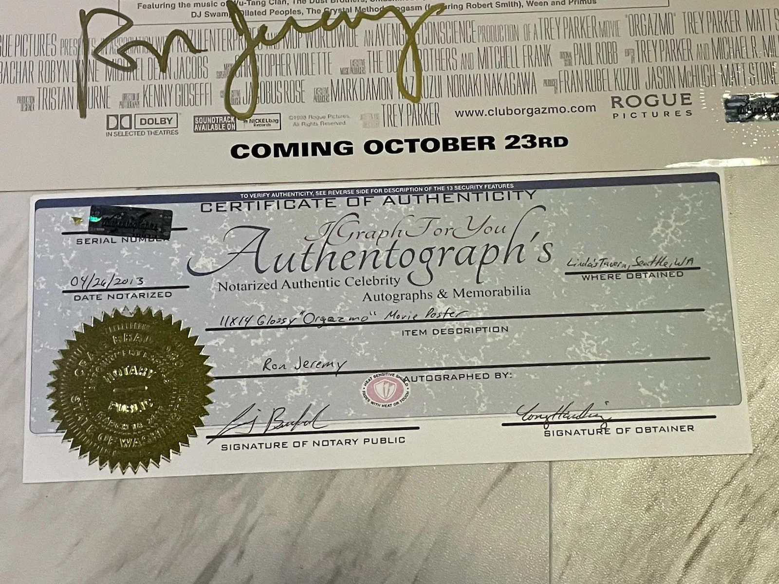 Ron Jeremy — Ron Jeremy Signed Orgasmo Glossy 12x18 Movie Poster On Photo Paper W/ COA, изображение 5