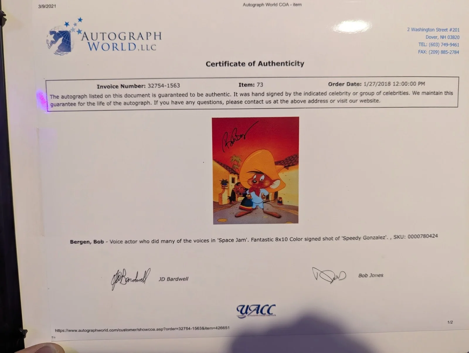 Bob Bergen — BOB BERGEN AUTOGRAPHED 8X10 COLOR PHOTO (SPEEDY GONZALEZ) - COA, изображение 5