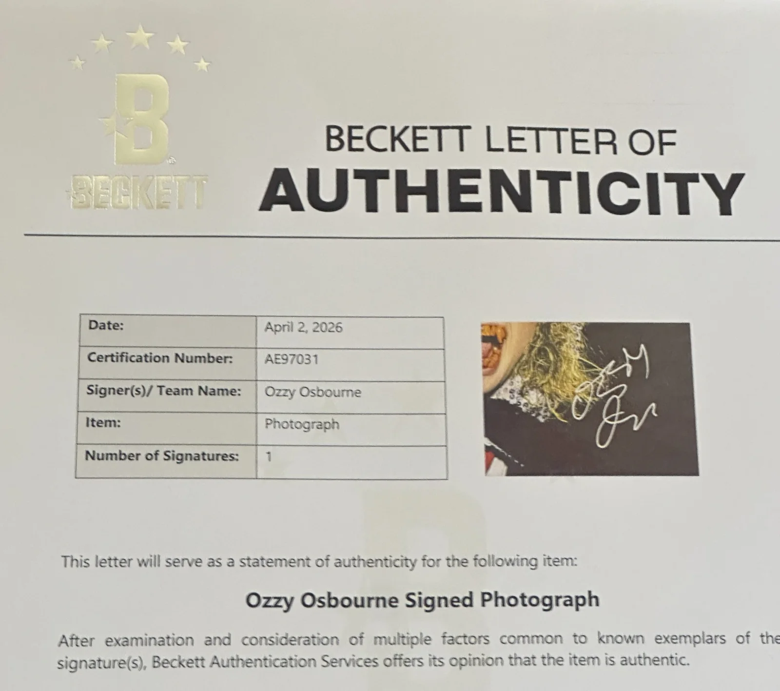 OZZY OSBOURNE Signed BLACK SABBATH 11x14 PHOTO Beckett (BAS) LOA, image 5