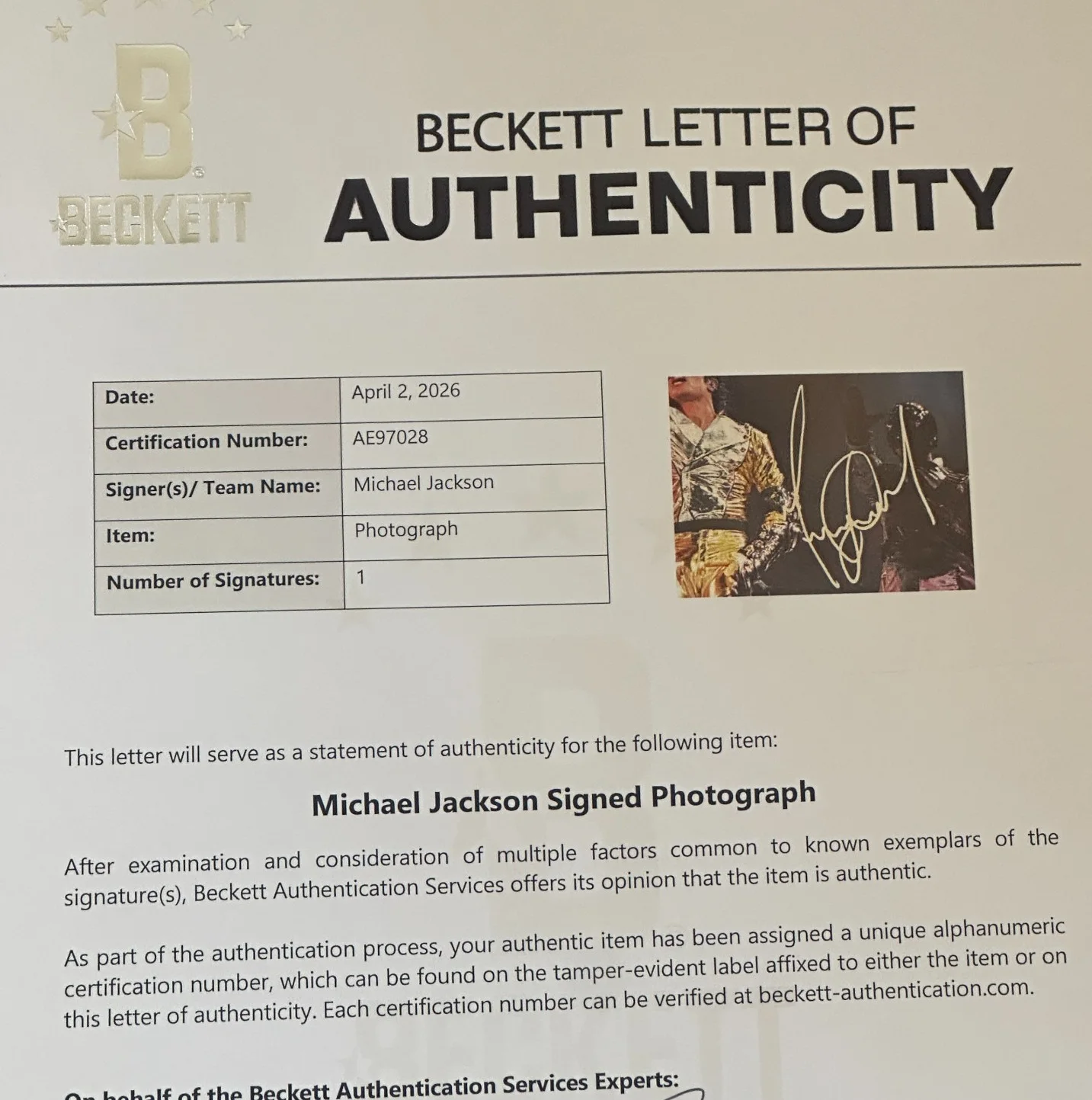 MICHAEL JACKSON Signed 11x14 PHOTO Beckett (BAS) LOA, image 5