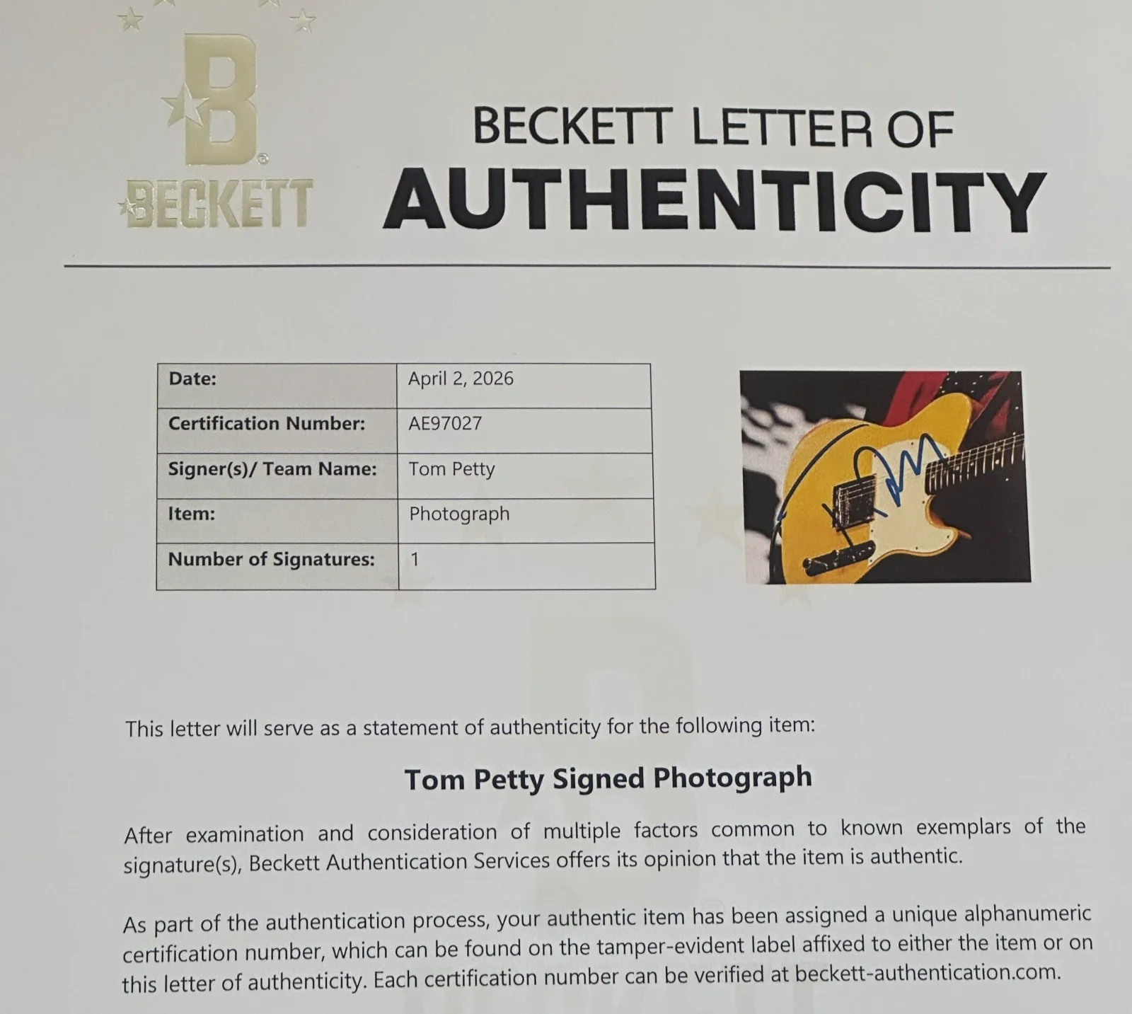 TOM PETTY Signed 11x14 PHOTO Beckett (BAS) LOA, image 5
