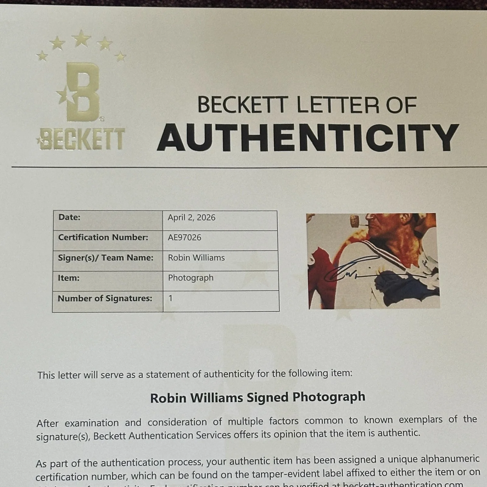 Robin Williams — ROBIN WILLIAMS Signed POPEYE 11x14 PHOTO with Beckett (BAS) LOA, изображение 5