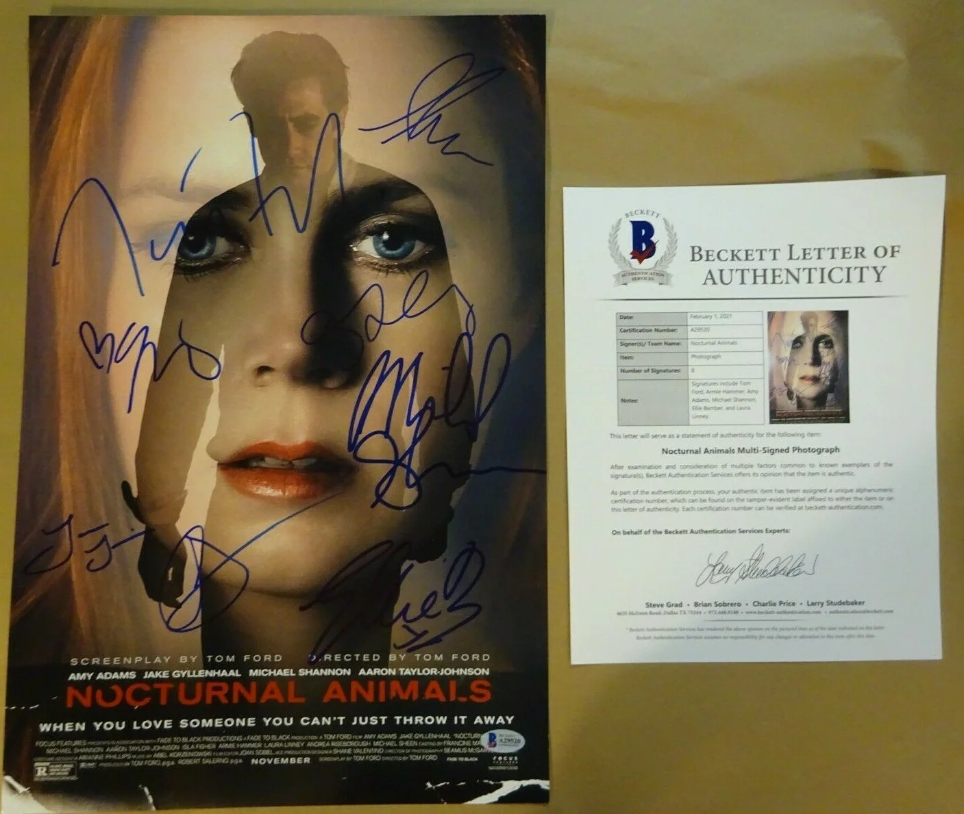 Tom Ford, Amy Adams, Jake Gyllenhaal — Nocturnal Animals Autographed 12x18 Photo Signed by 8 Ford Adams ++ Beckett COA