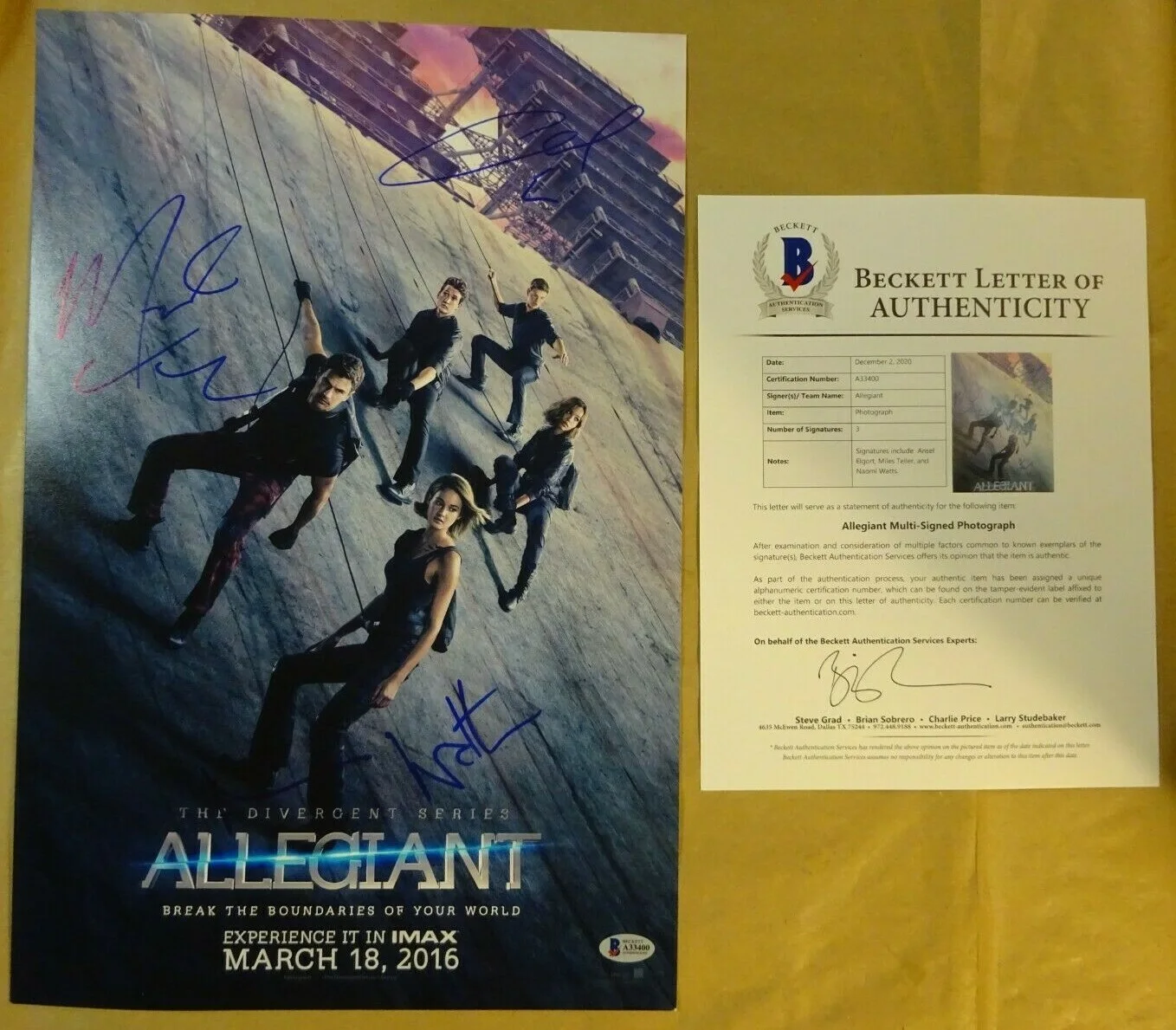 Naomi Watts, Ansel Elgort, Miles Teller — Signed ALLEGIANT Autographed By 3 12"x18" Photo Naomi Watts ++ BECKETT COA LOA
