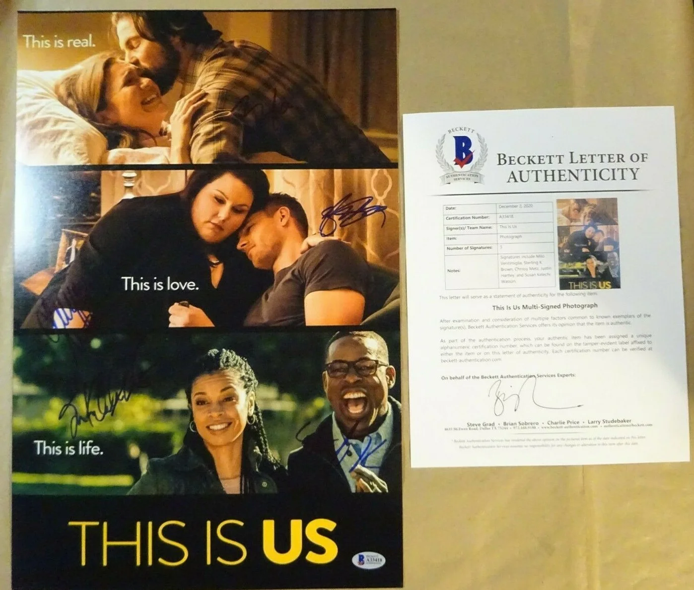 Milo Ventimiglia, Sterling K Brown, Chrissy Metz — Signed This Is Us Autographed By 5 12"x18" Photo Milo Sterling + Beckett LOA COA