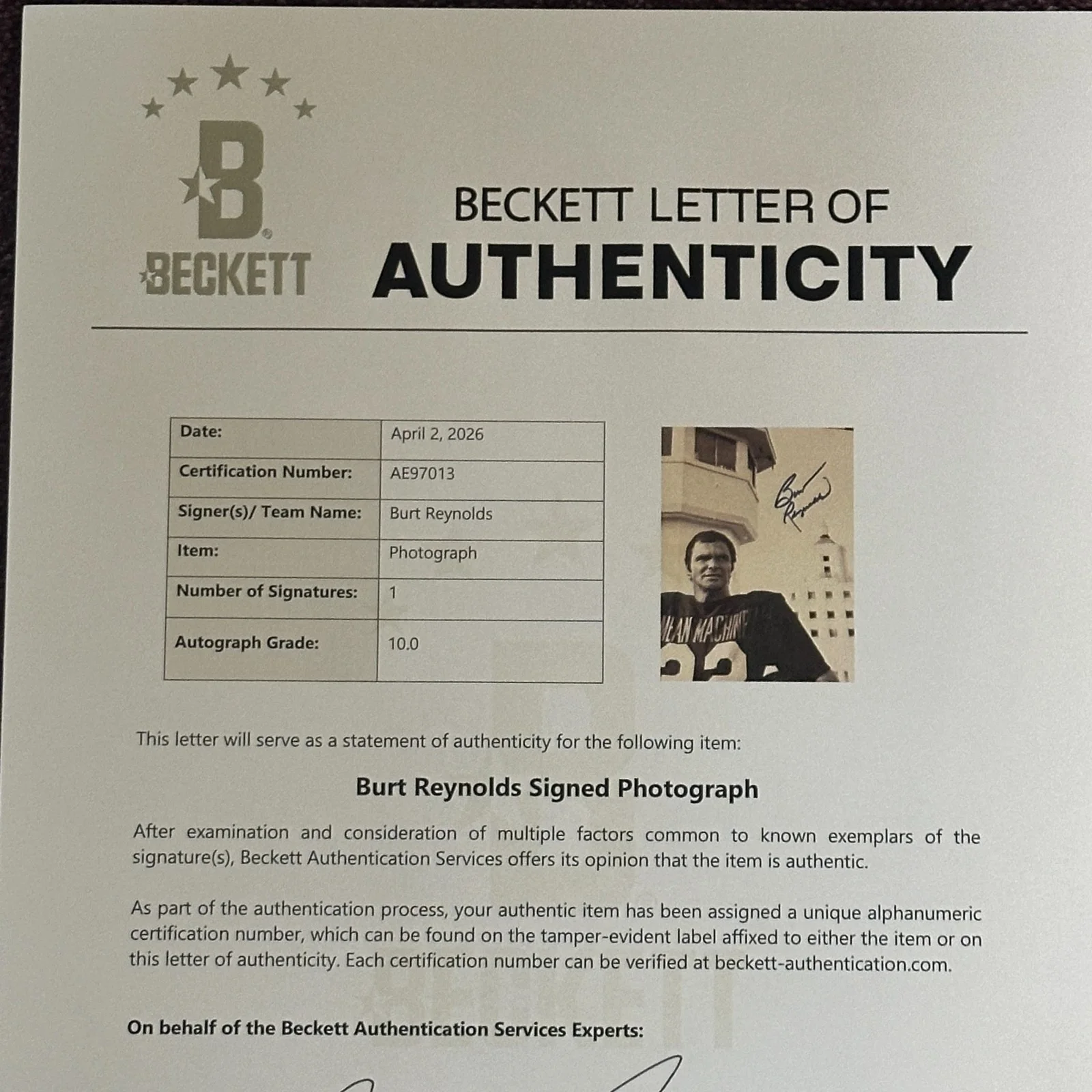 BURT REYNOLDS — BURT REYNOLDS Signed THE LONGEST YARD 11x14 PHOTO with Beckett (BAS) LOA AUTO 10, image 5