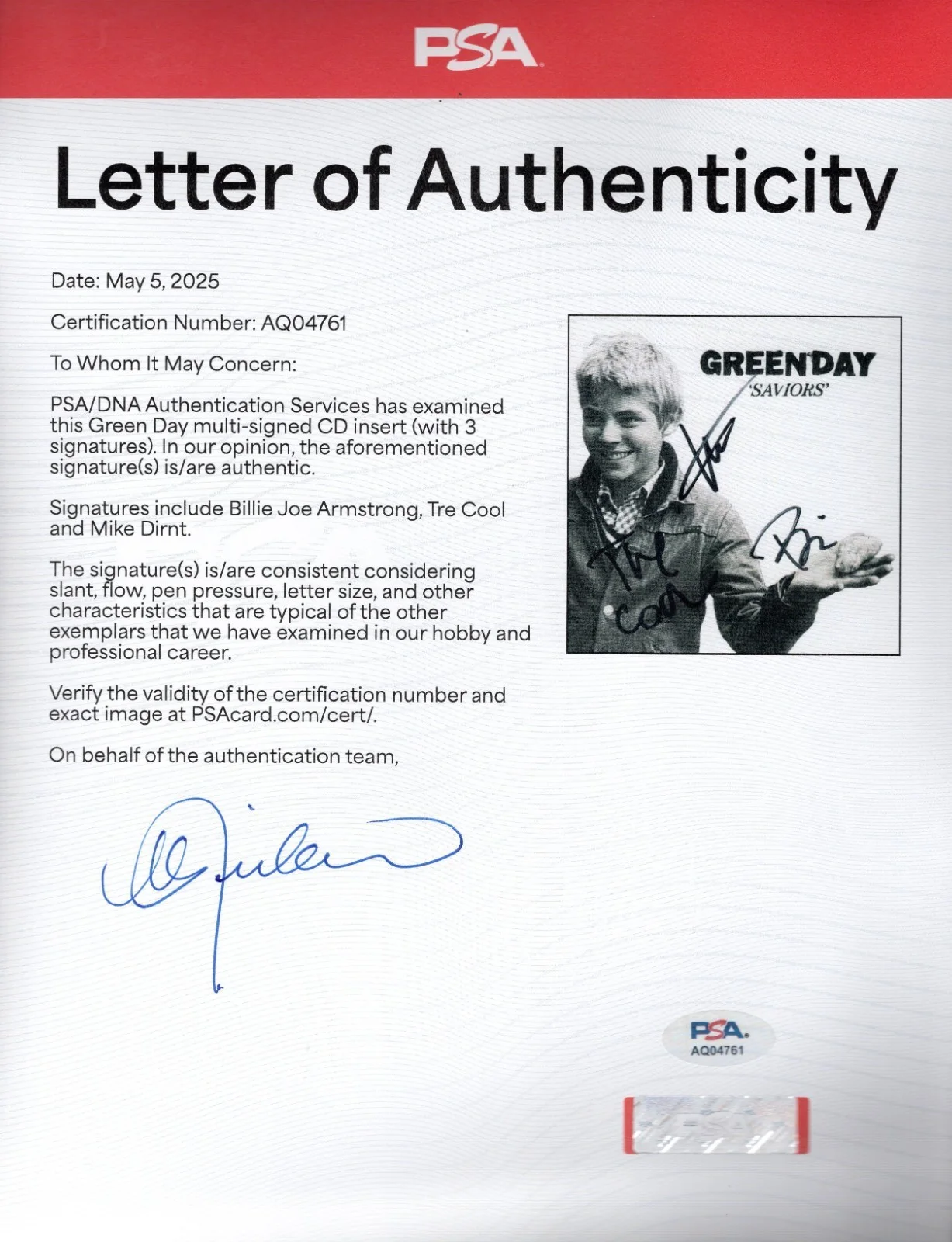 Billie Joe Armstrong Tre Cool Mike Dirnt GREENDAY SAVIORS Signed CD Photo PSA, изображение 3
