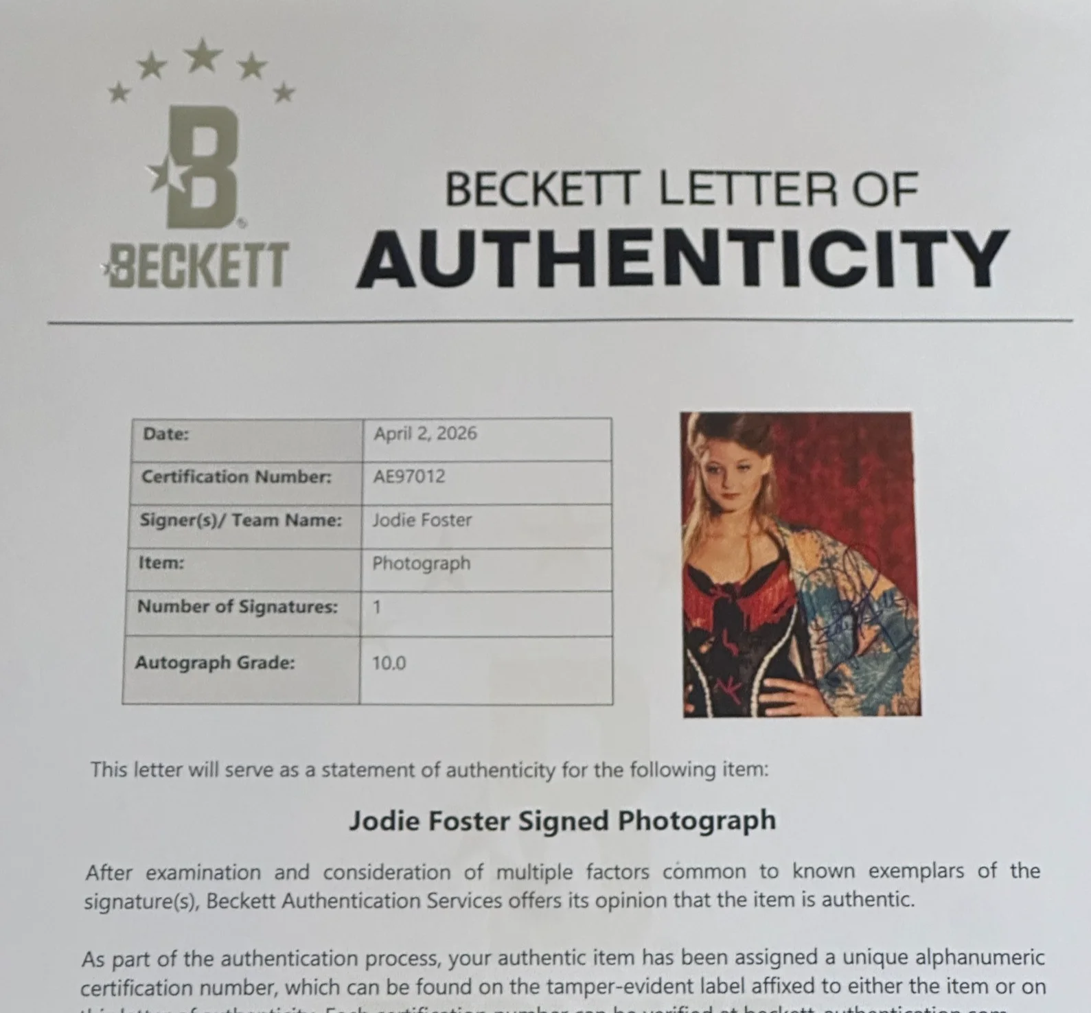 JODIE FOSTER — JODIE FOSTER Signed TAXI DRIVER 11x14 PHOTO with Beckett (BAS) LOA AUTO 10, изображение 4