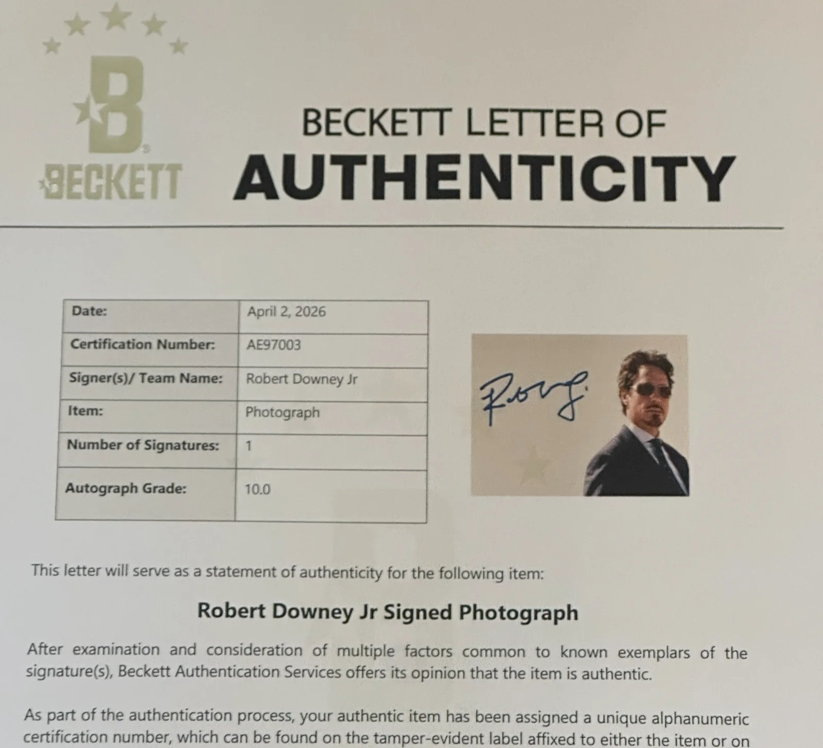 ROBERT DOWNEY, Jr — ROBERT DOWNEY, JR. Signed 11x14 PHOTO with Beckett (BAS) LOA AUTO 10, изображение 5