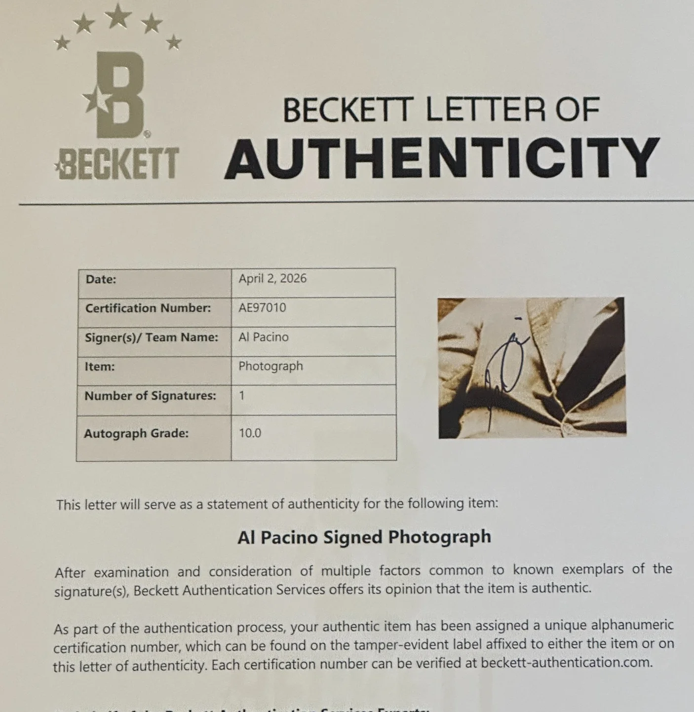 AL PACINO — AL PACINO Signed The GODFATHER 11x14 PHOTO with Beckett (BAS) LOA AUTO 10, изображение 4