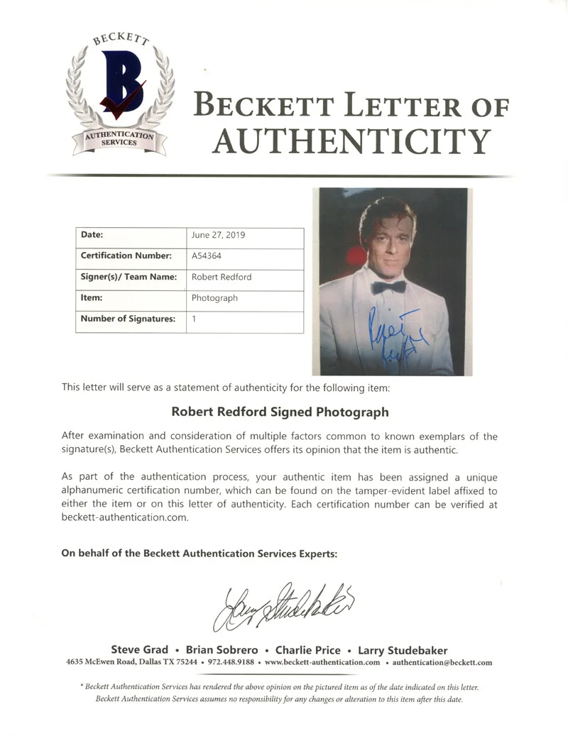 ROBERT REDFORD SIGNED AUTOGRAPHED 8x10 PHOTO HOLLYWOOD LEGEND BECKETT BAS LOA, image 2