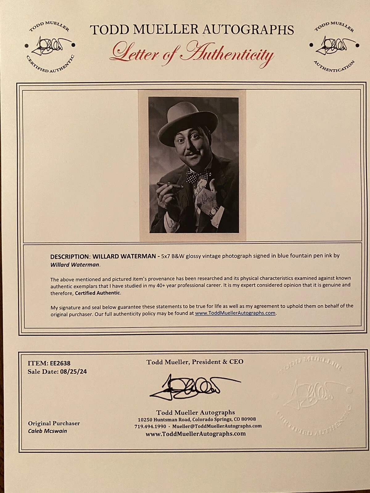 Willard Waterman — Willard Waterman Signed Autographed Photo With COA Great Gildersleeve Dennis The, изображение 3