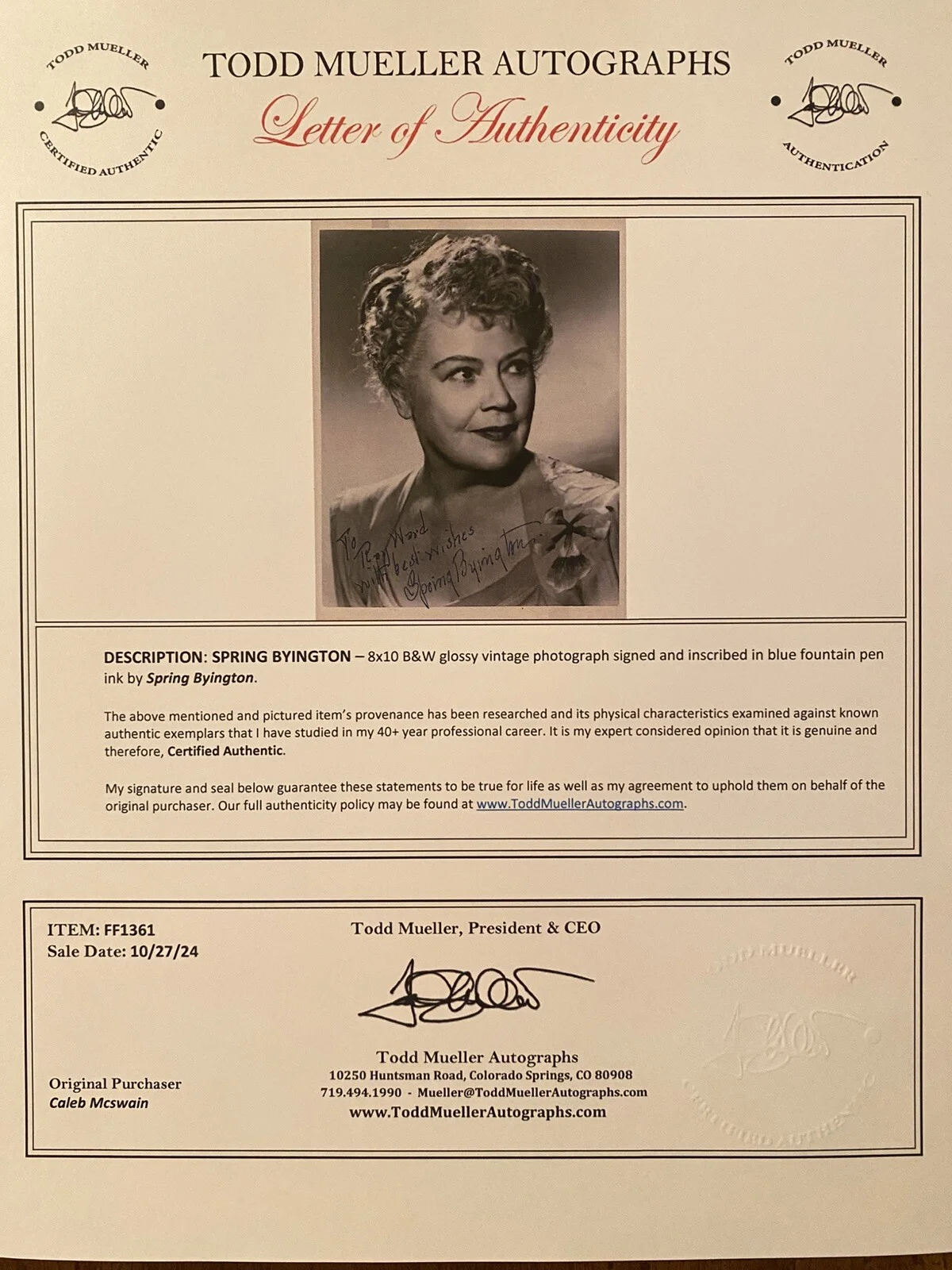 Spring Byington — Spring Byington Signed Autographed Photo With COA Laramie December Bride Batman, image 3