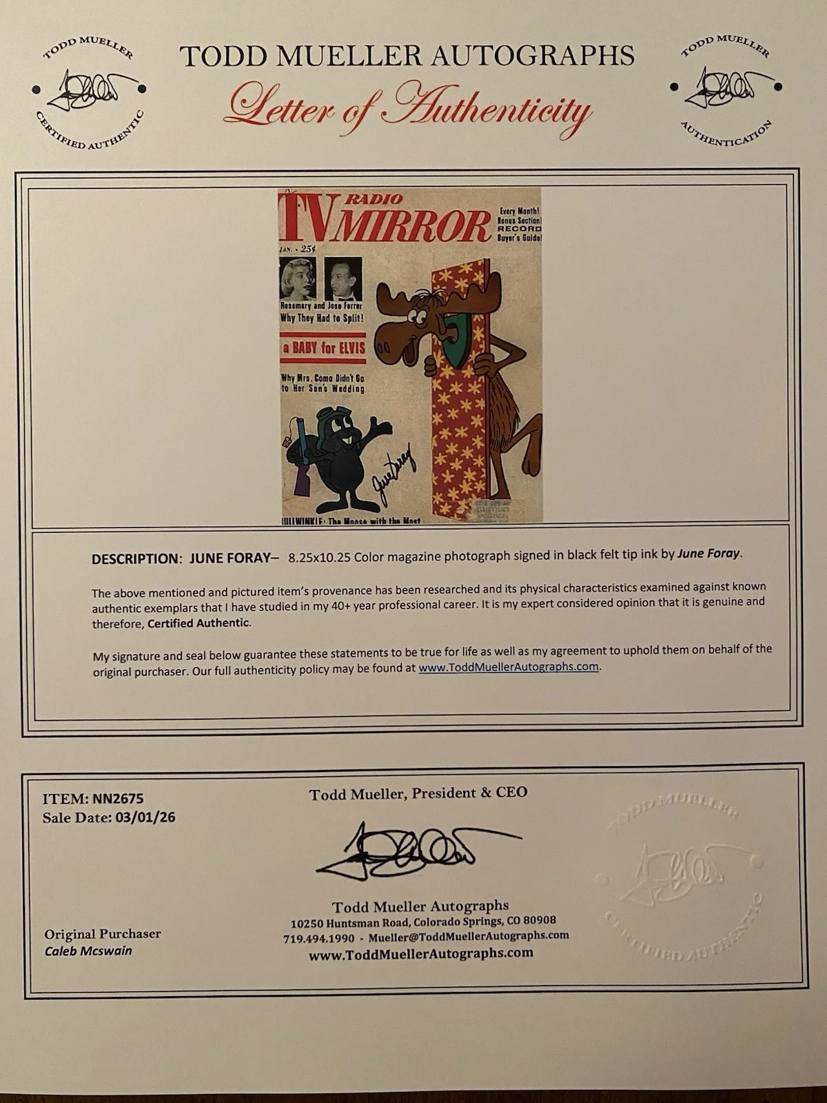 June Foray — June Foray Signed Autographed TV Mirror Magazine With COA Rocky And Bullwinkle, изображение 5