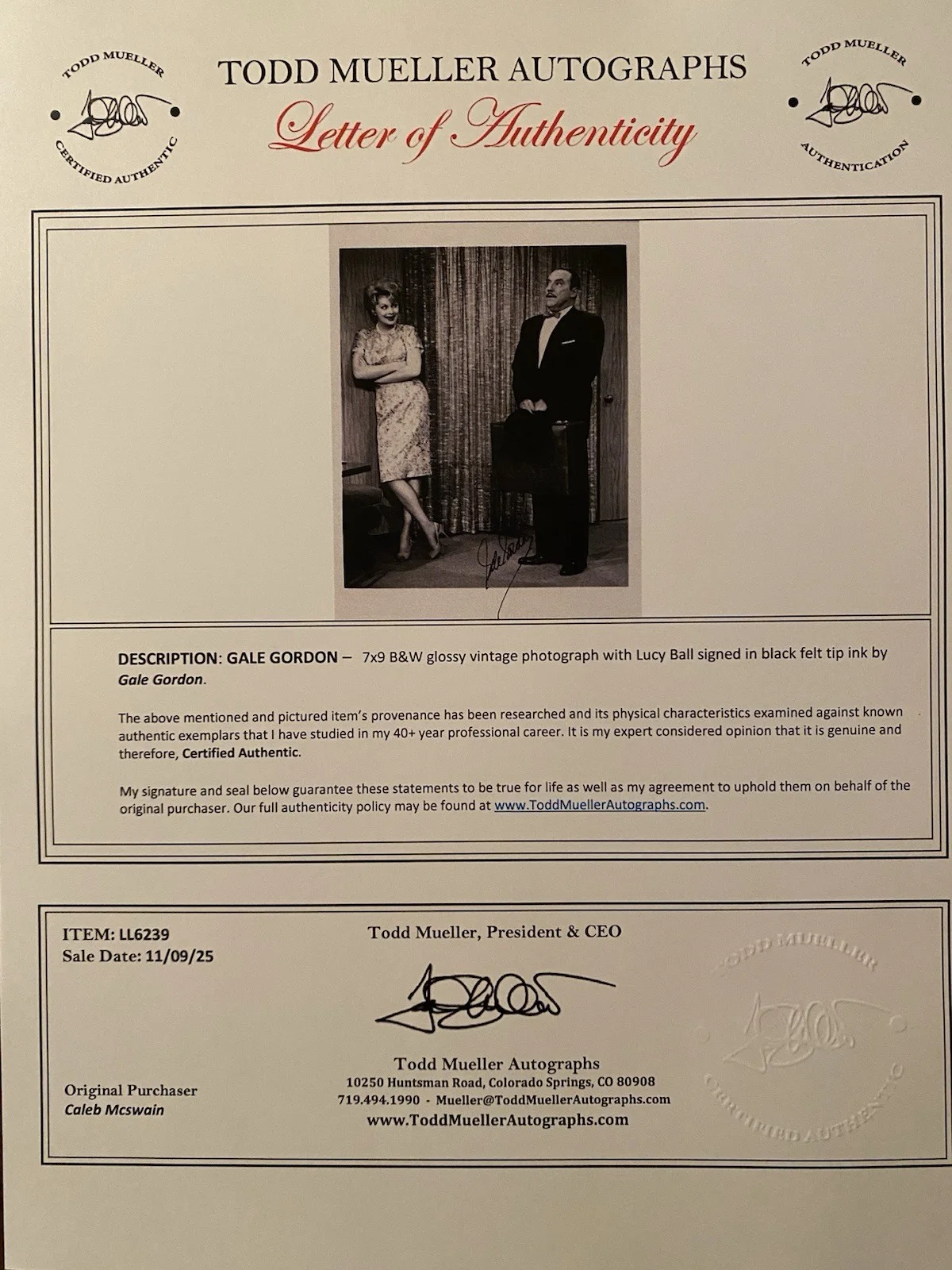 Gale Gordon — Gale Gordon Signed Autographed Photo With COA The Lucy Show w Lucille Ball RARE, изображение 5
