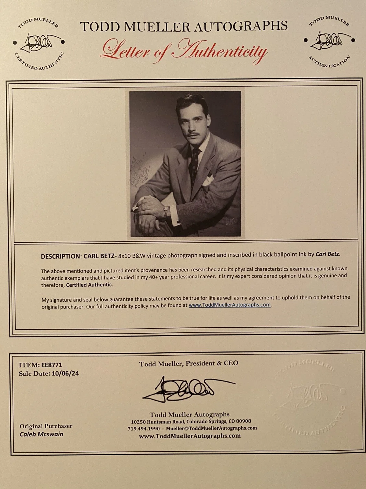 Carl Betz — Carl Betz Signed Autographed Photo With COA Donna Reed Show Judd For The Defense, изображение 4