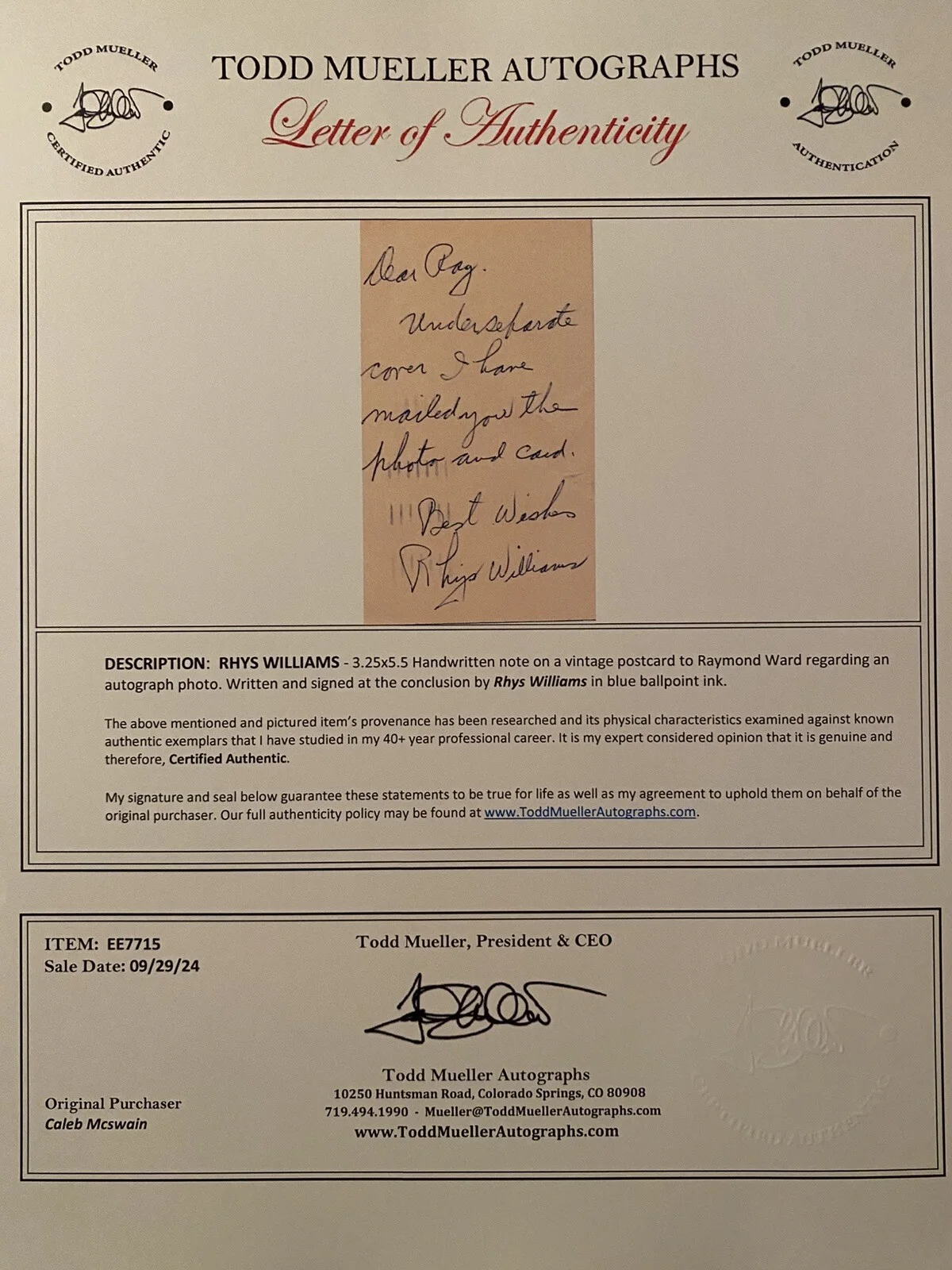 Rhys Williams — Rhys Williams Signed Autographed Note w COA Tenth Avenue Angel Bells Of St Marys, изображение 4
