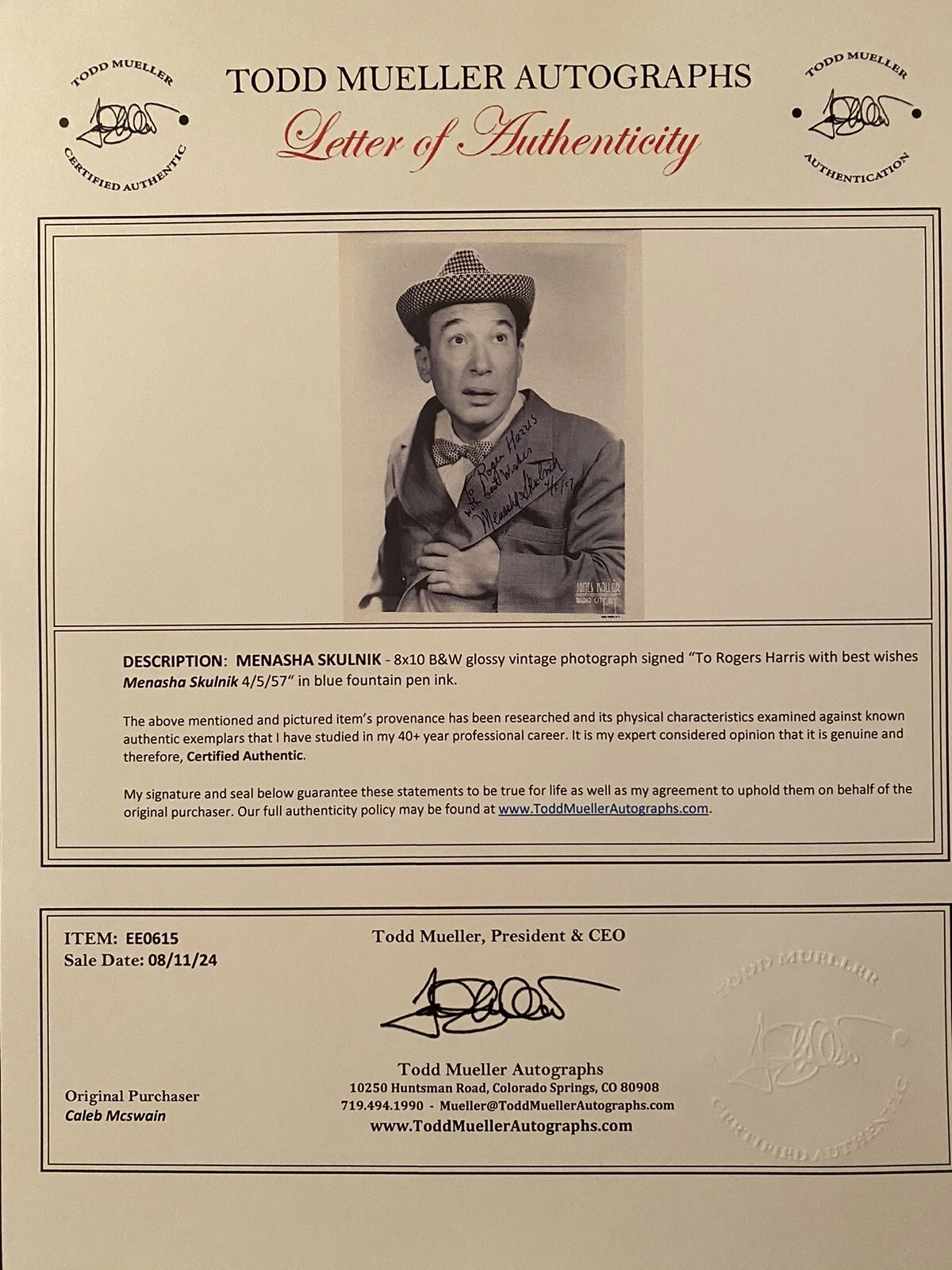 Menasha Skulnik — Menasha Skulnik Signed Autographed Photo With COA The Goldbergs Ed Sullivan Show, изображение 3