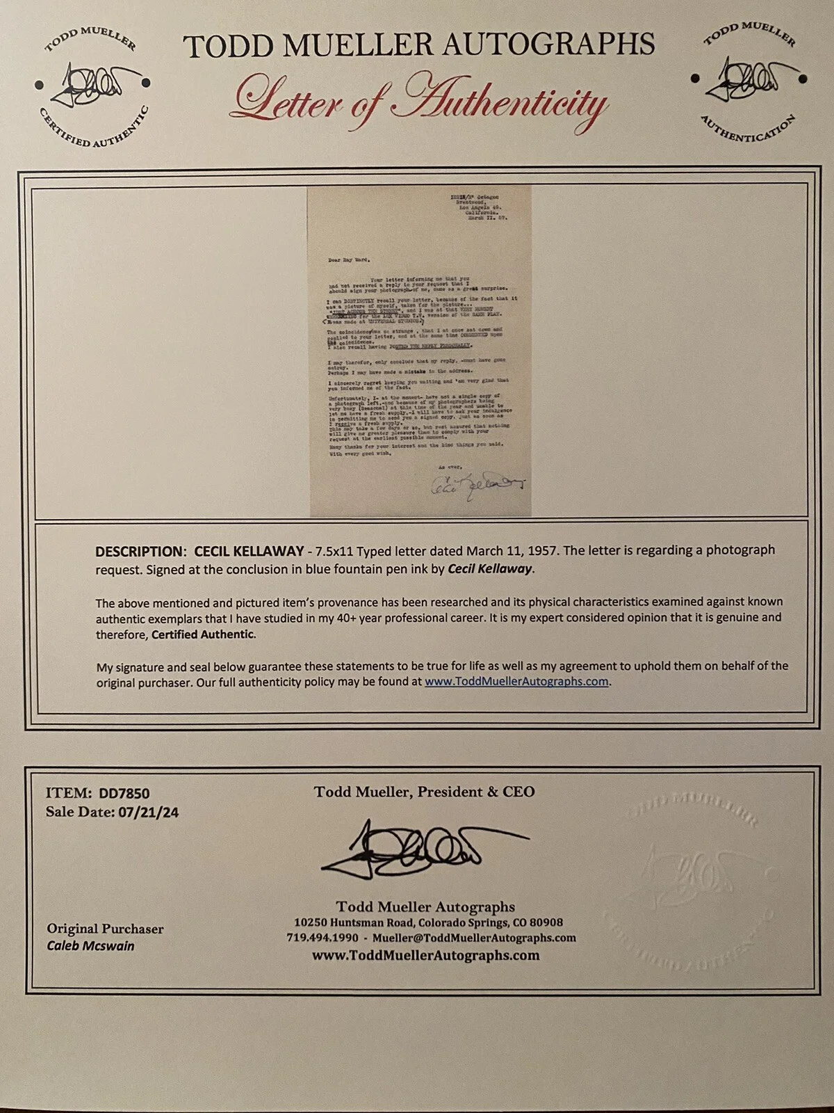 Cecil Kellaway — Cecil Kellaway Signed Autographed Letter With COA Harvey The Shaggy Dog Spinout, изображение 3