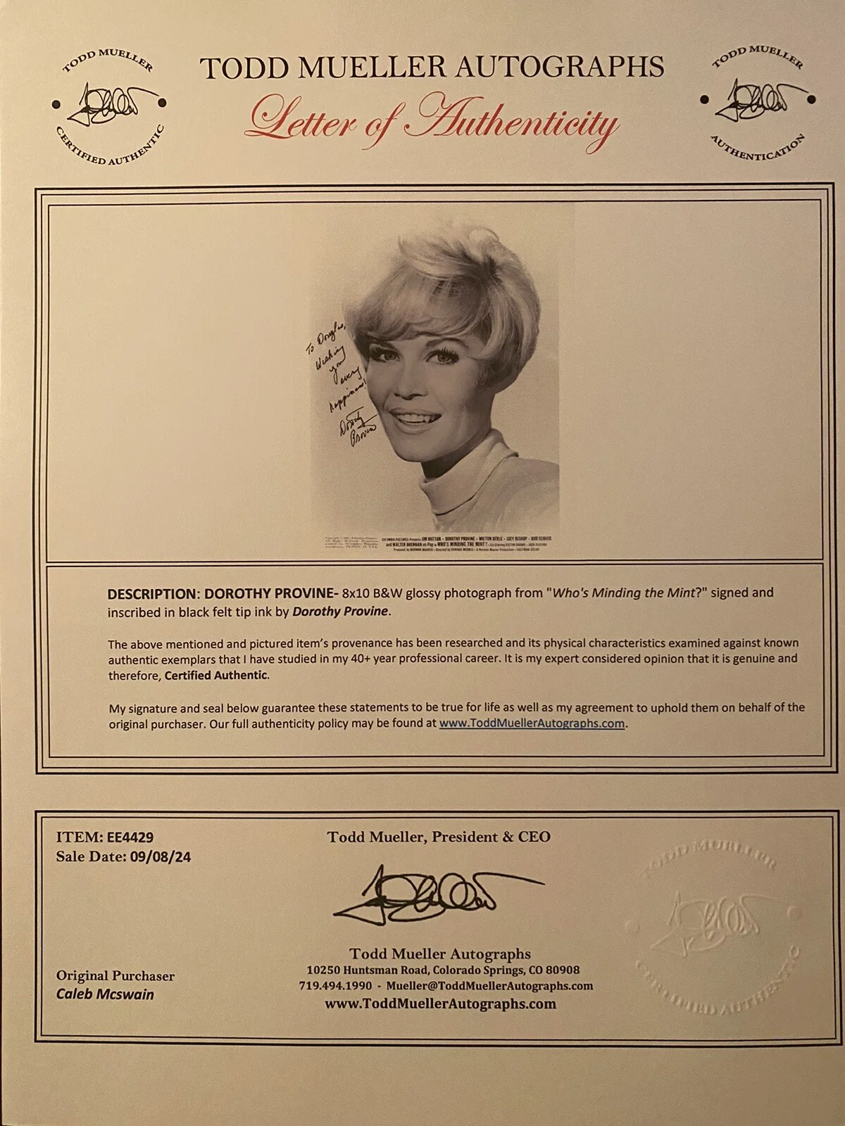 Dorothy Provine — Dorothy Provine Signed Autographed Photo With COA That Darn Cat The Great Race, image 3
