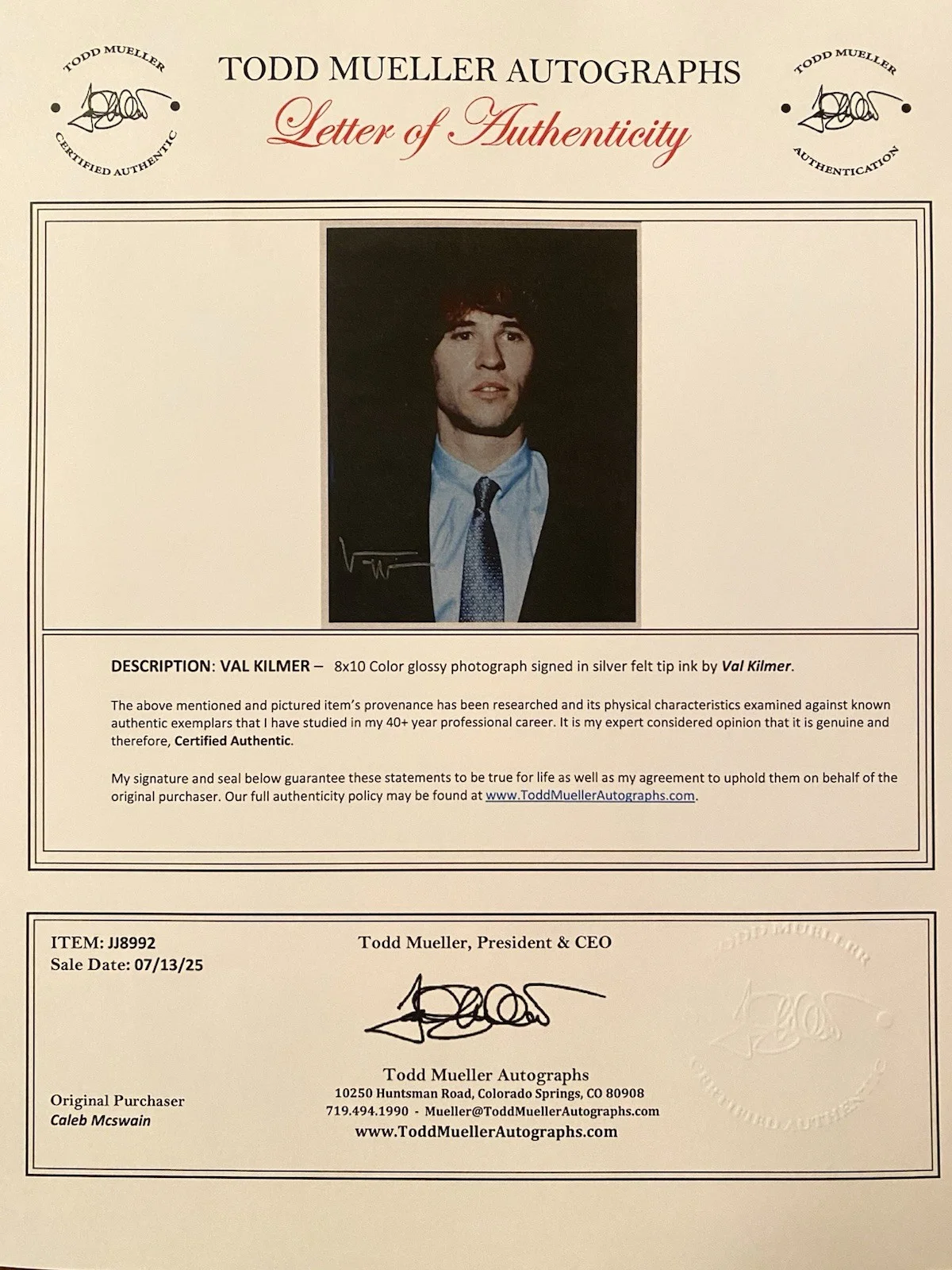 Val Kilmer — Val Kilmer Signed Autographed Photo With COA The Doors Jim Morrison NICE, image 4