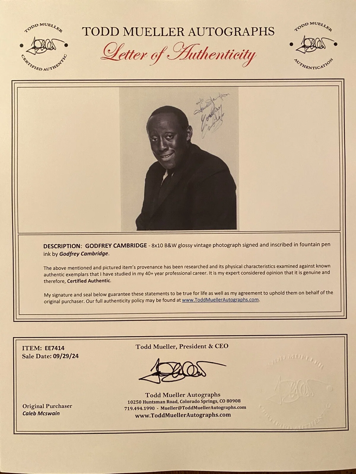Godfrey Cambridge — Godfrey Cambridge Signed Autographed Photo With COA The Biscuit Eater Comedian, изображение 4