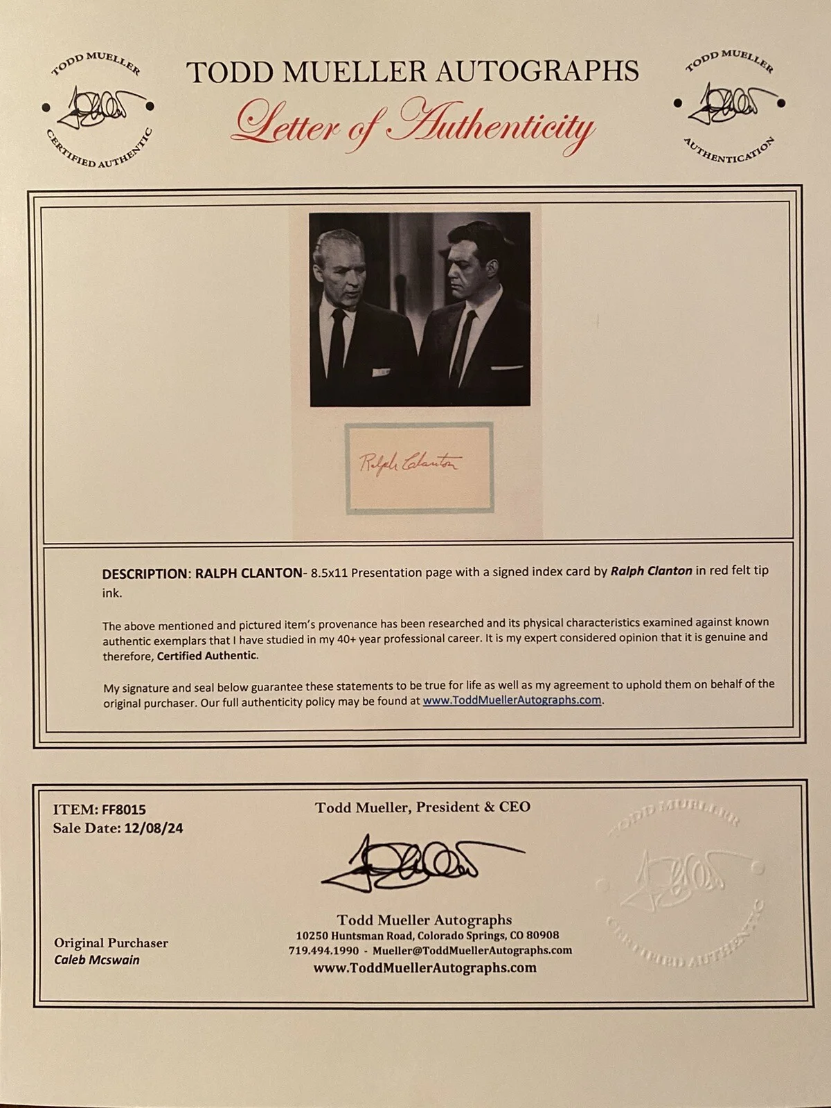 Ralph Clanton — Ralph Clanton Signed Autographed Card With COA Perry Mason Cyrano de Bergerac, image 3