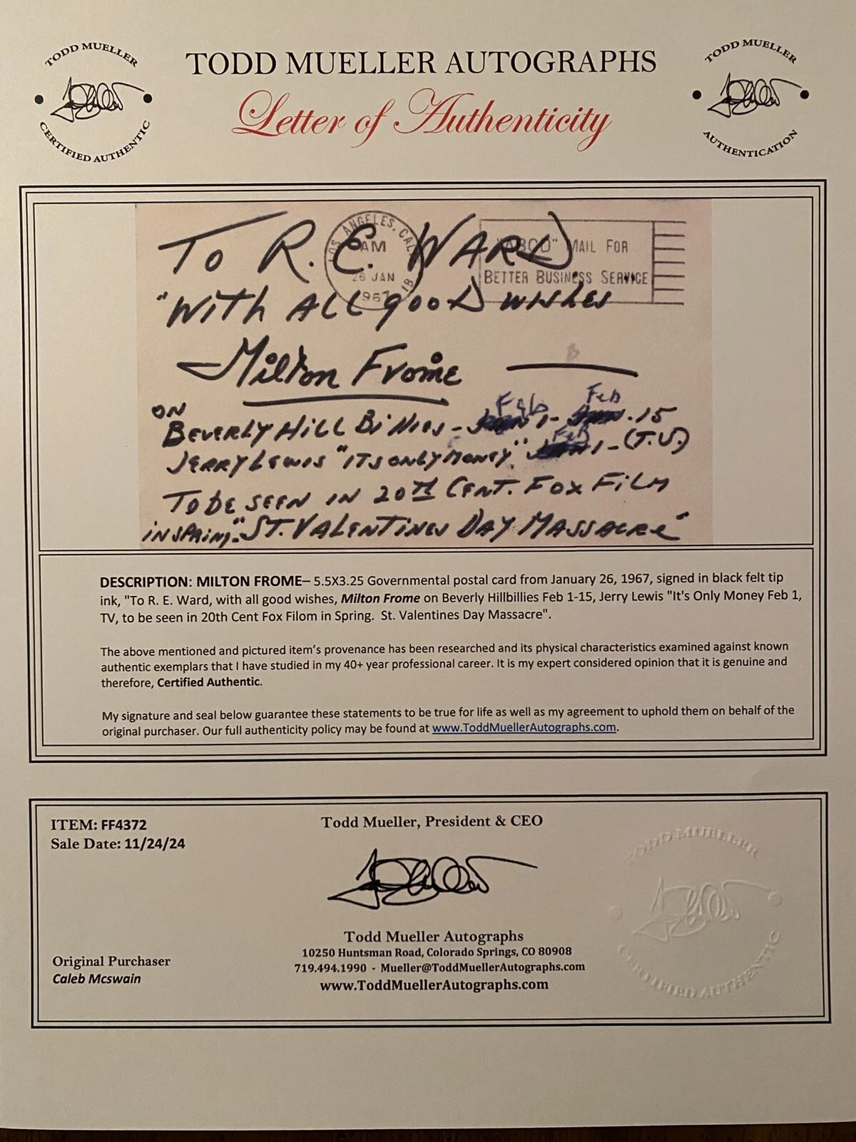 Milton Frome — Milton Frome Signed Autographed Card w COA Andy Griffith Show The Twilight Zone, image 3