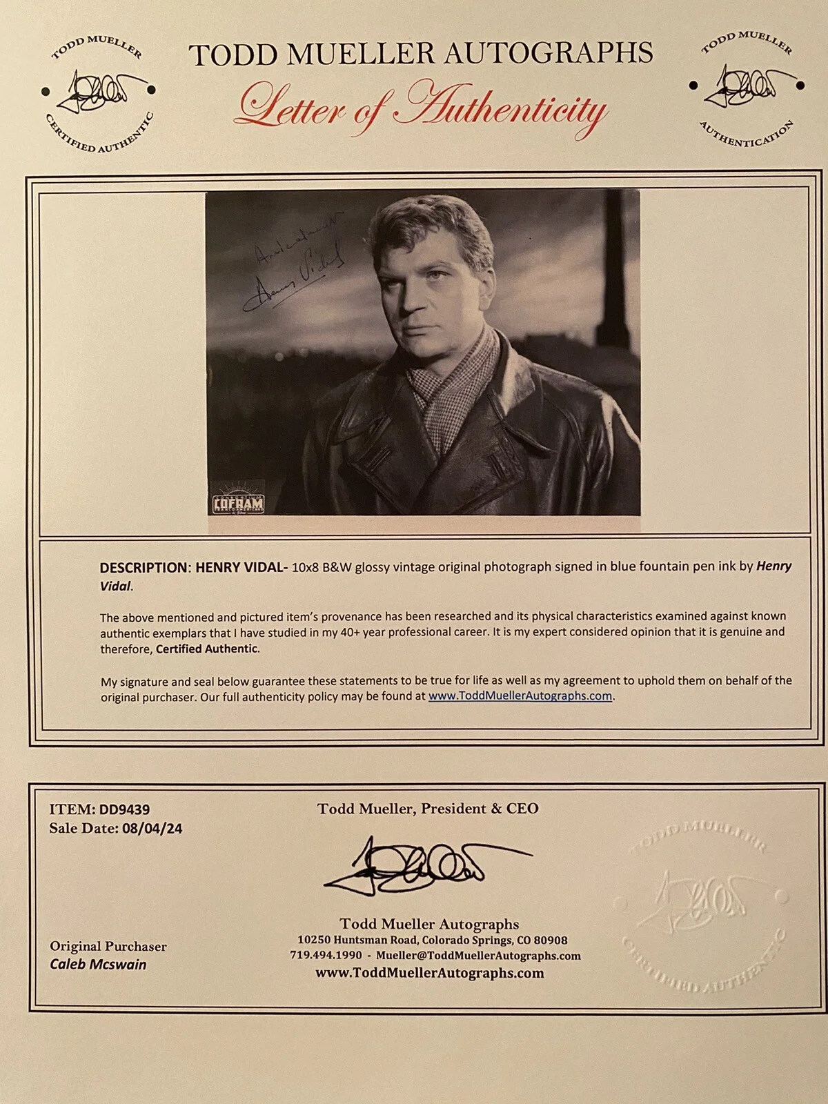 Henri Vidal — Henri Vidal Signed Autographed Photo With COA RARE Fabiola Pensione Edelweiss, изображение 3