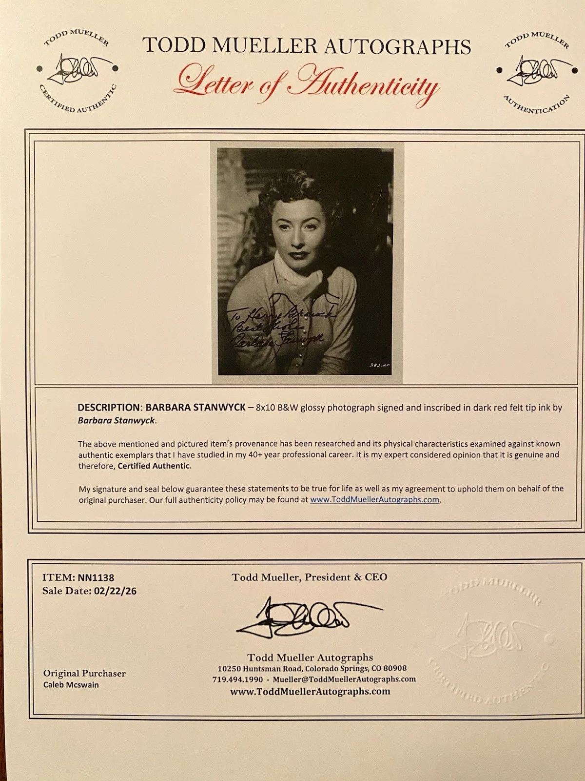 Barbara Stanwyck — Barbara Stanwyck Signed Autographed Photo With COA Titanic Sorry Wrong Number, изображение 4