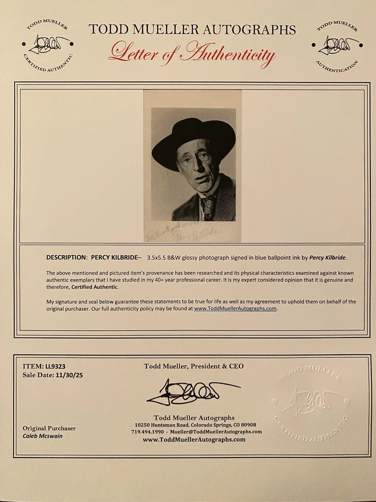 Percy Kilbride — Percy Kilbride Signed Autographed Small Photo With COA Ma And Pa Kettle, image 3