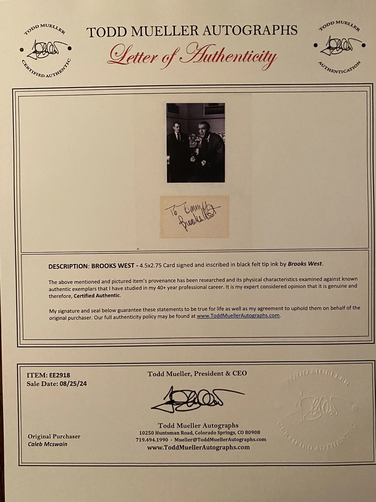 Brooks West — Brooks West Signed Autographed Card With COA Anatomy Of A Murder My Friend Irma, изображение 4