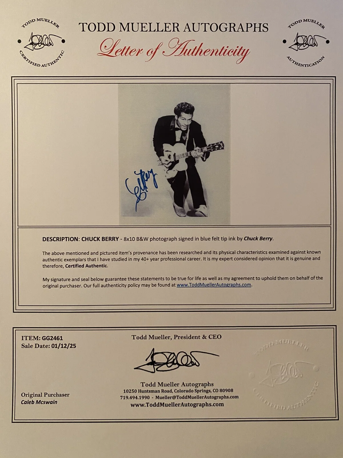 Chuck Berry Signed Autographed Photo With COA Johnny B Goode Rock N Roll Music, image 3