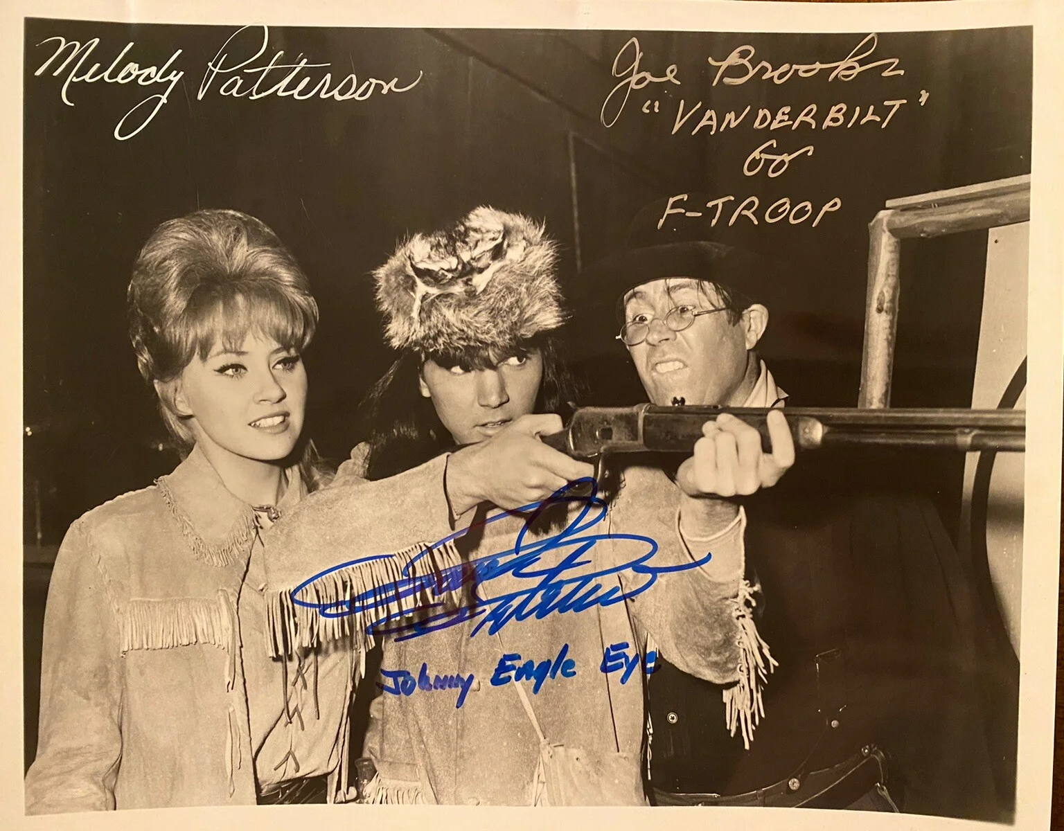 Melody Patterson, Joe Brooks, Paul Peterson — F Troop Cast Signed Photo With COA Melody Patterson Joe Brooks Paul Peterson