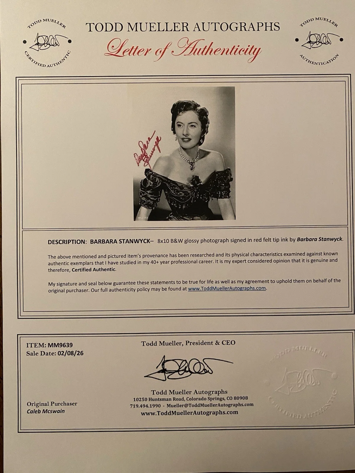 Barbara Stanwyck — Barbara Stanwyck Signed Autographed Vintage Photo w COA Christmas In Connecticut, изображение 4