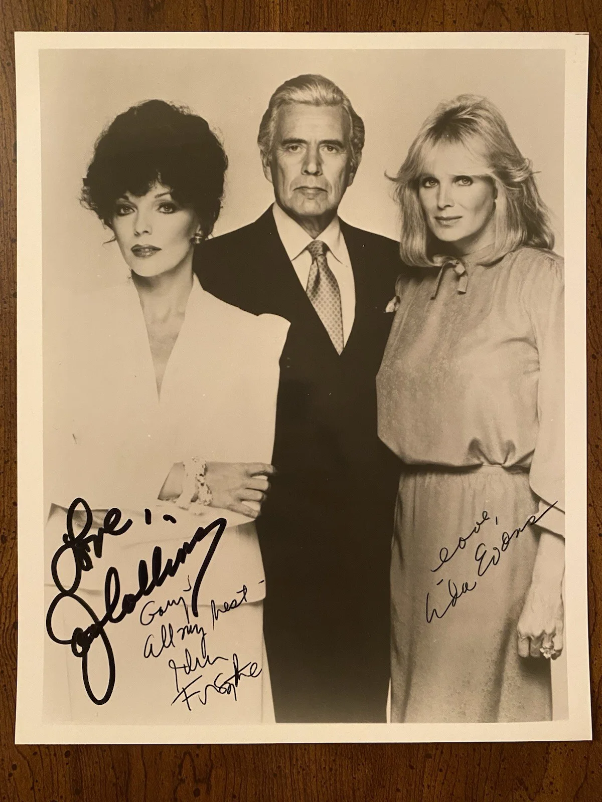 Joan Collins, John Forsythe, Linda Evans — Dynasty Cast Signed Photo With COA Joan Collins John Forsythe Linda Evans All 3