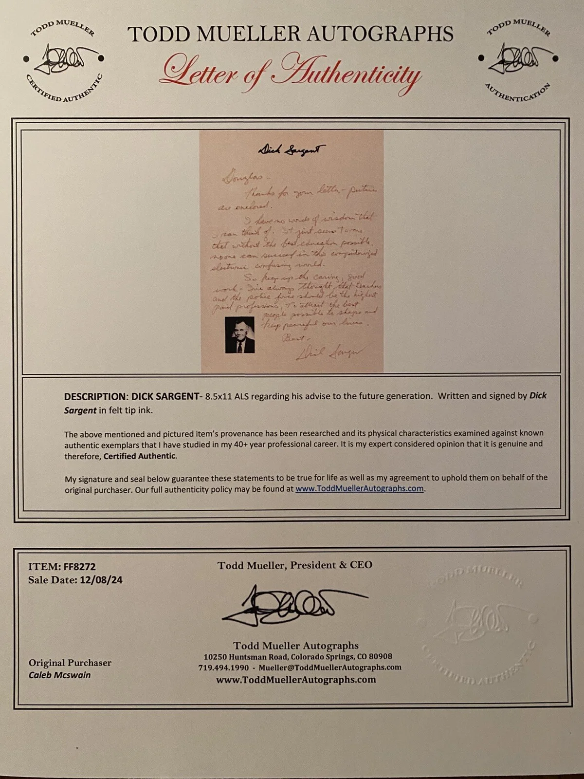 Dick Sargent — Dick Sargent Signed Autographed Letter Education Bewitched Ghost And Mr Chicken, image 3