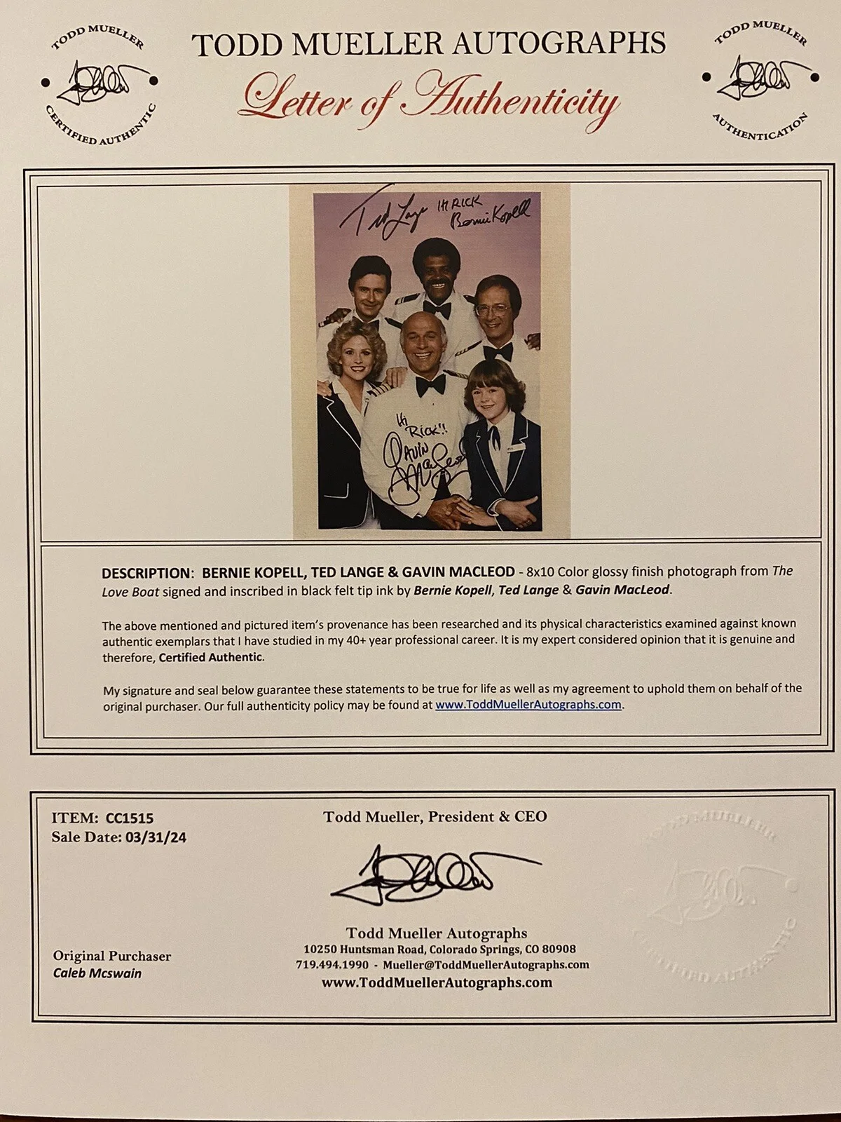 Gavin Macleod, Bernie Kopell, Ted Lange — The Love Boat Cast Signed Autographed 8x10 Photo By 3 With COA LOA, изображение 5