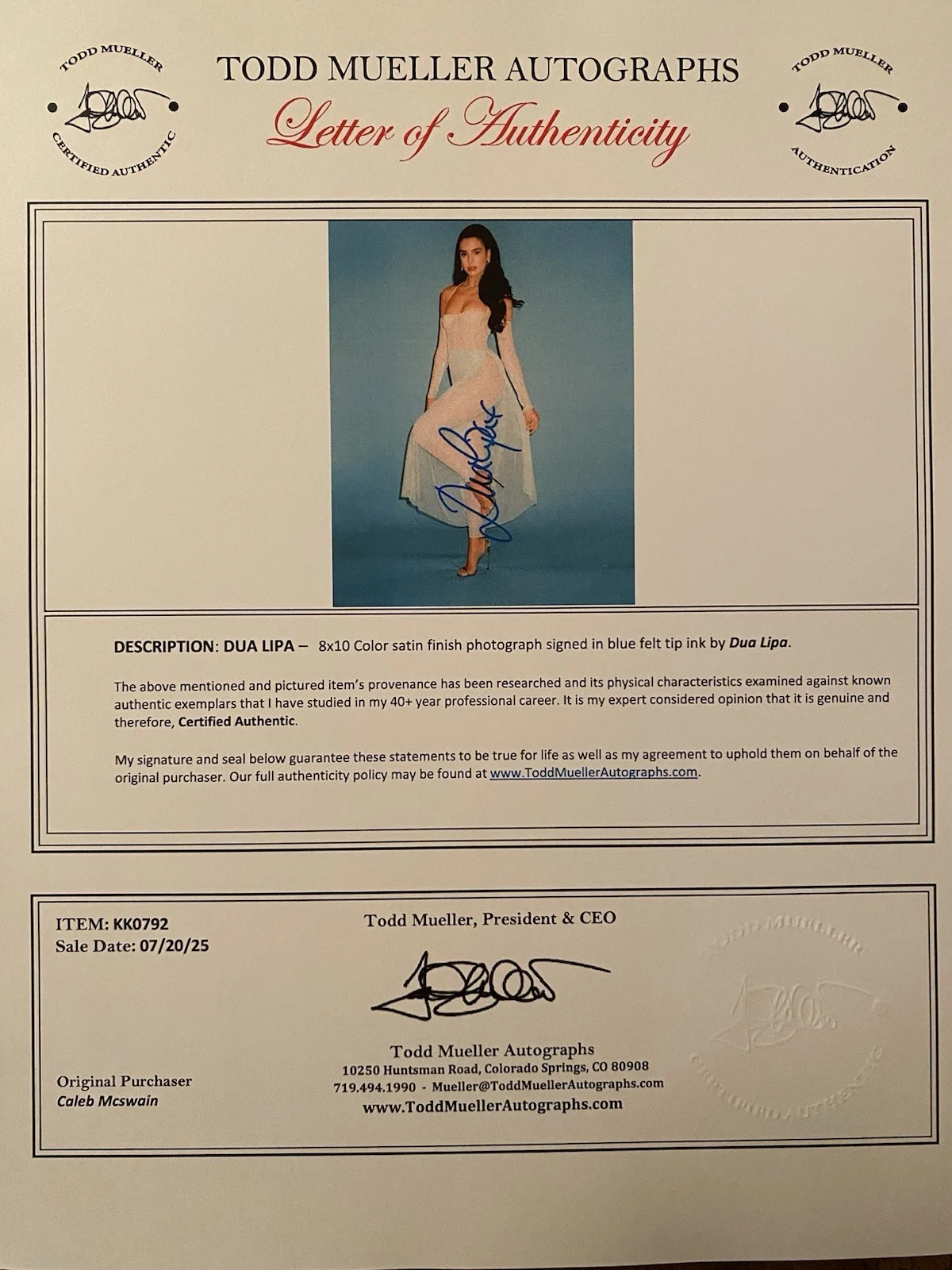 Dua Lipa Signed Autographed Photo With COA Singer New Rules Levitating IDGAF, image 4