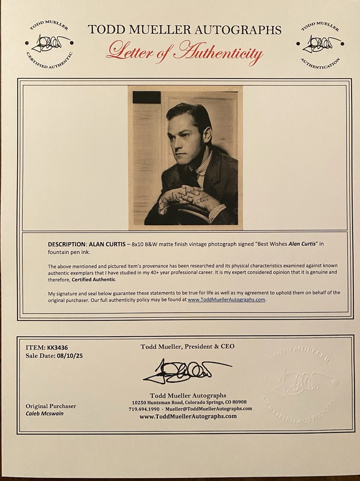 Alan Curtis — Alan Curtis Signed Autographed Photo With COA Philo Vance Phantom Lady Buck Priv, image 4