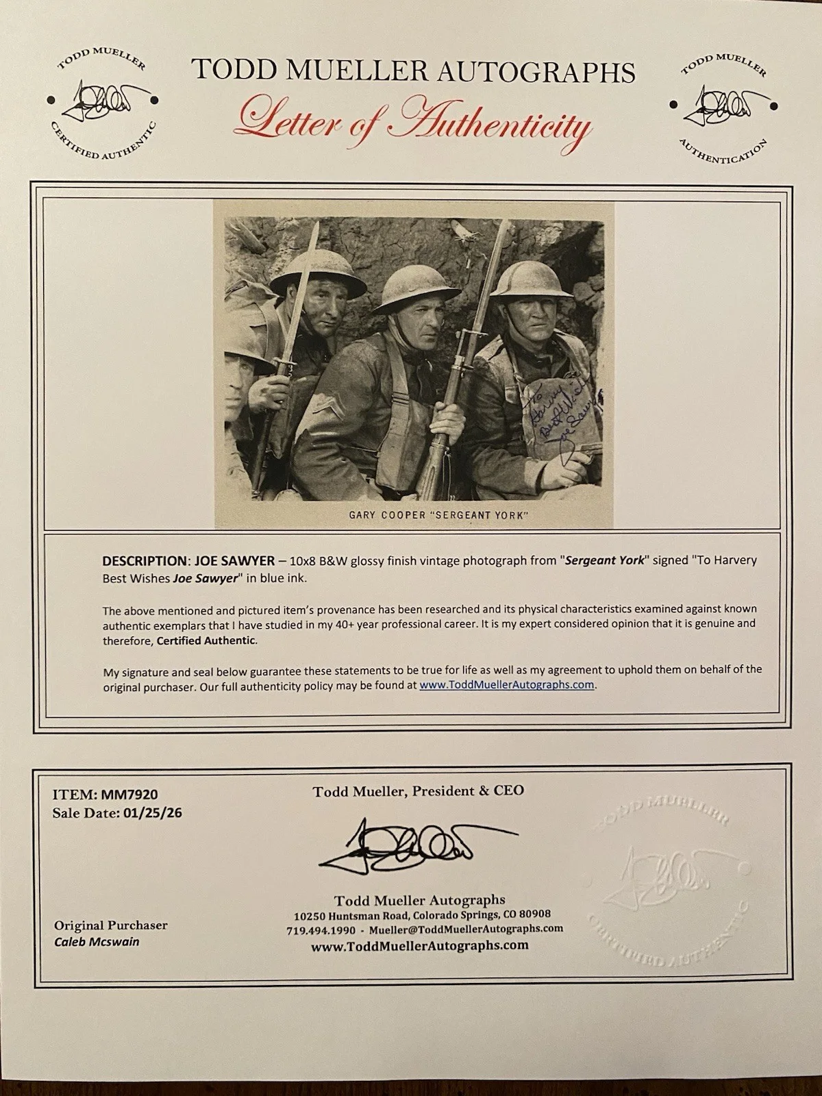 Joe Sawyer — Joe Sawyer Sergeant York Signed Autographed Photo With COA RARE, image 4