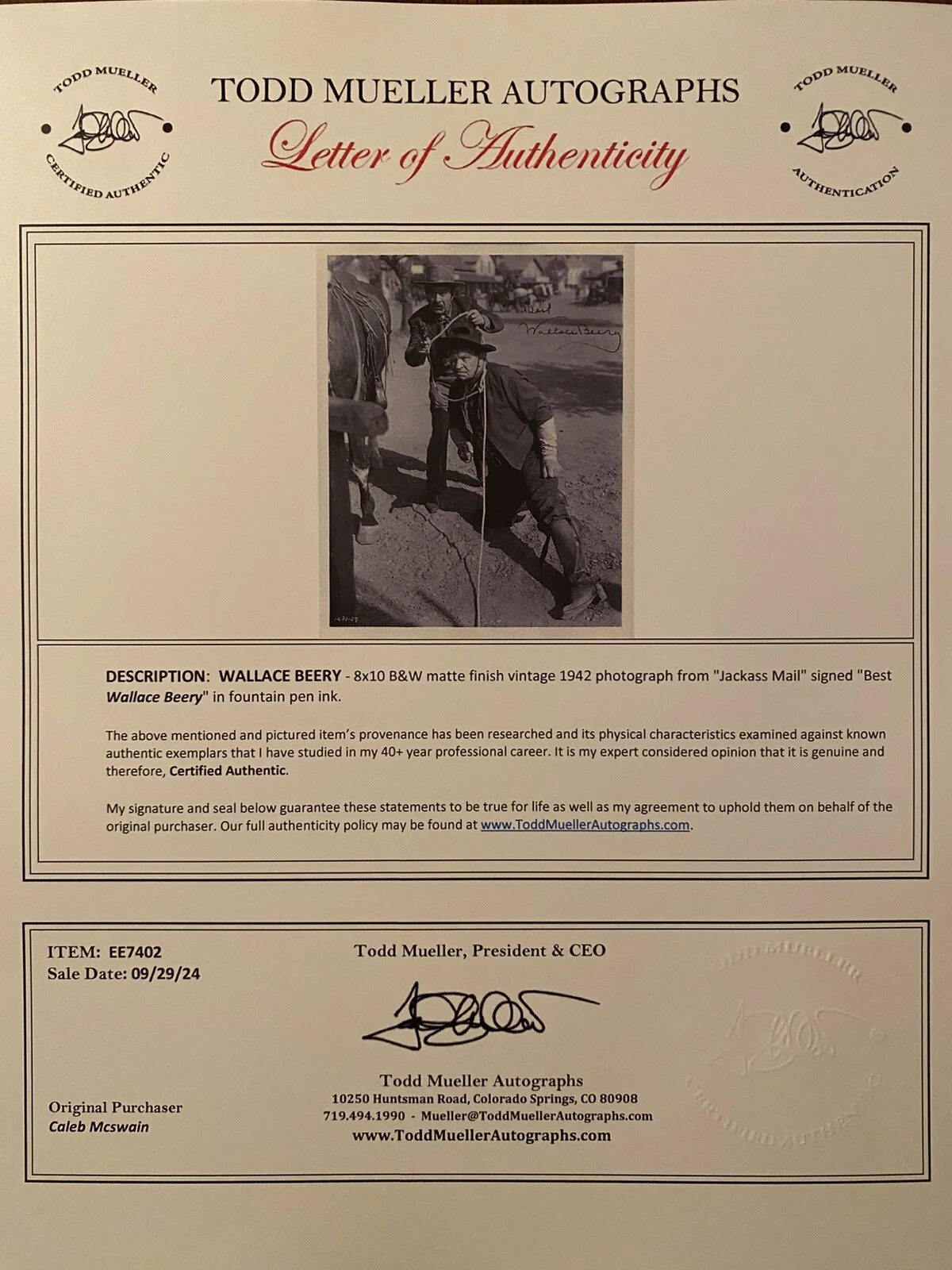 Wallace Beery — Wallace Beery Signed Autographed Photo With COA Treasure Island Jackass Mail Etc, изображение 5